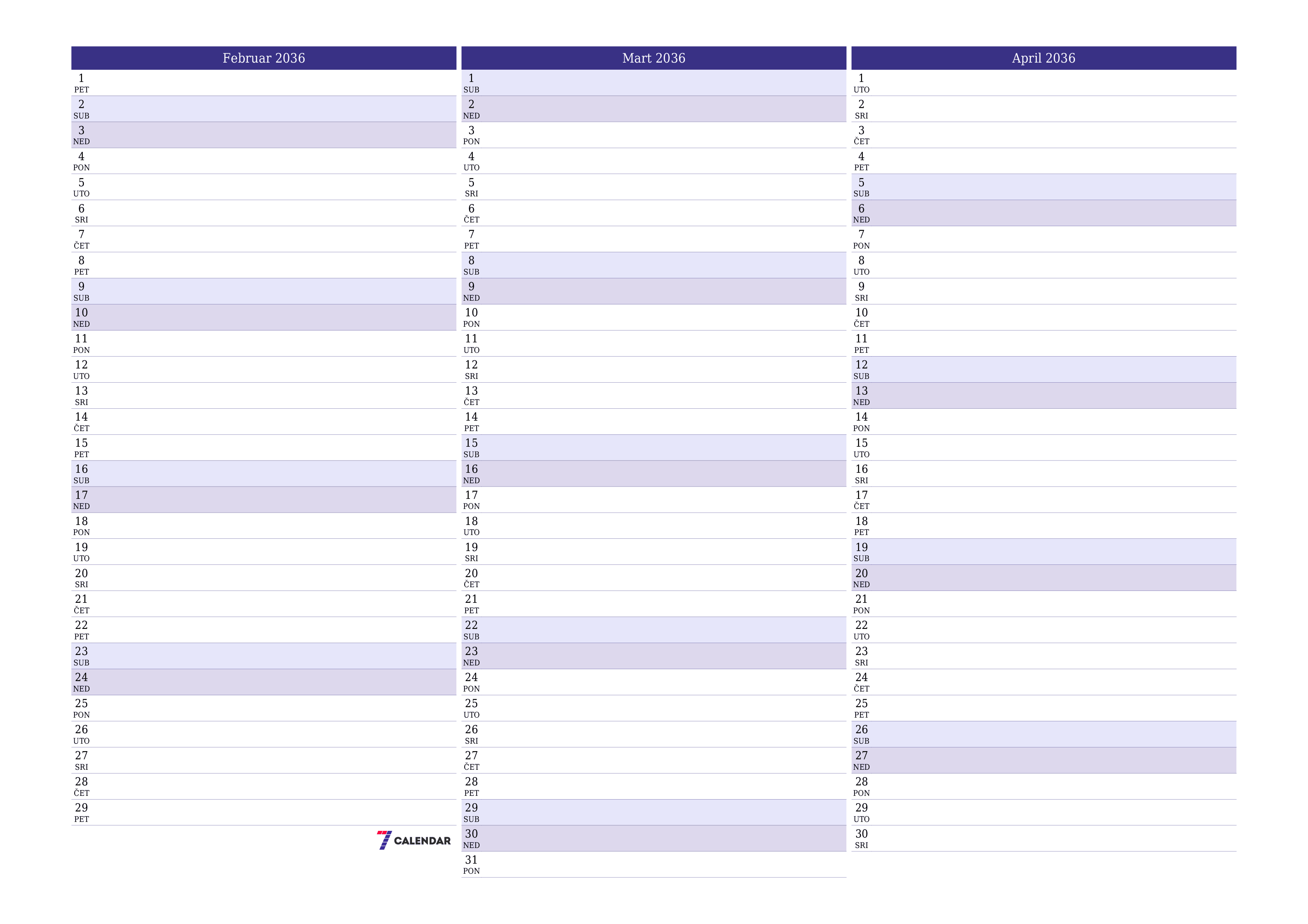 Ispraznite mjesečni planer za mjesec Februar 2036 s bilješkama, spremite i ispišite u PDF PNG Bosnian