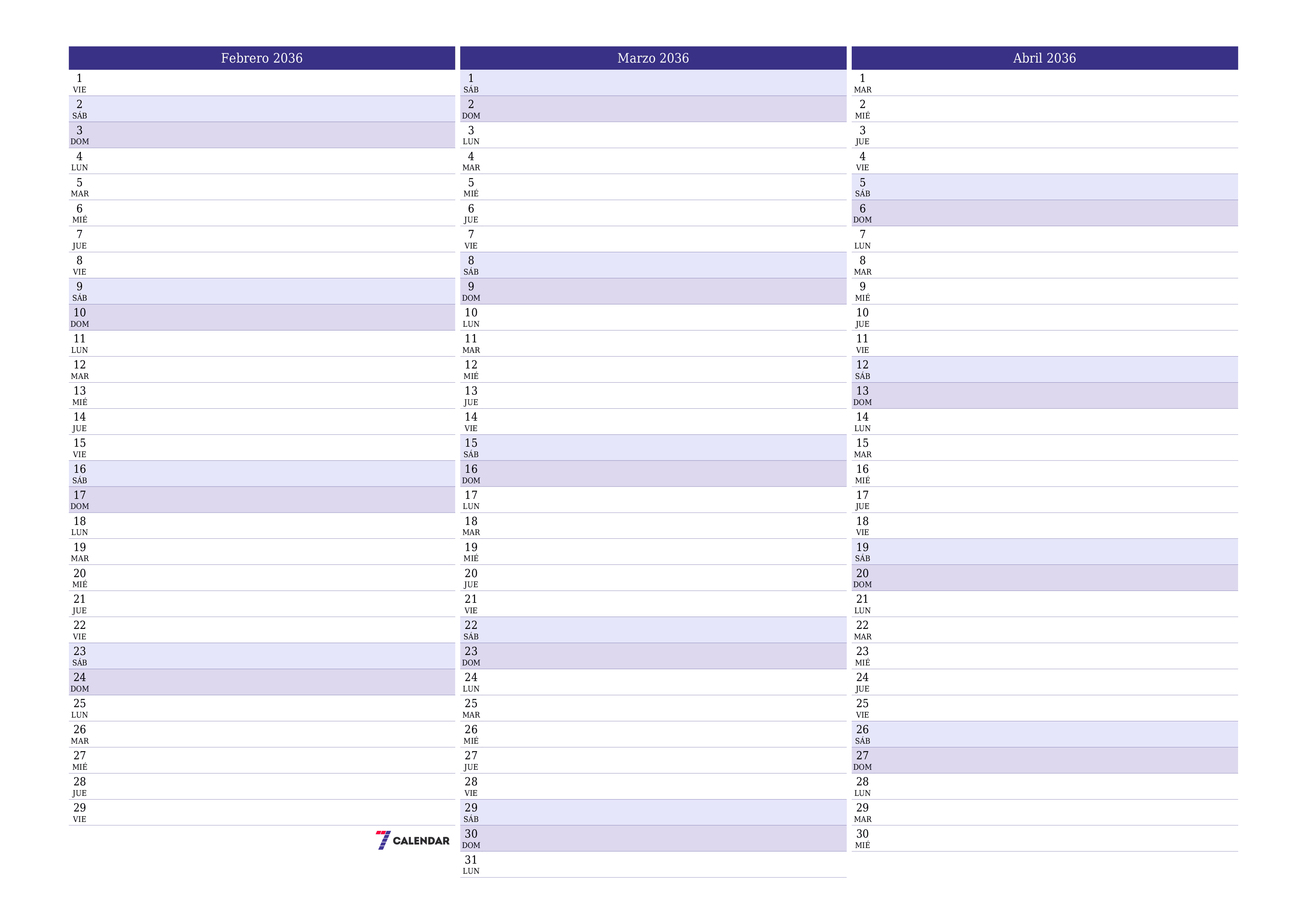 Planificador mensual vacío para el mes Febrero 2036 con notas, guardar e imprimir en PDF PNG Spanish