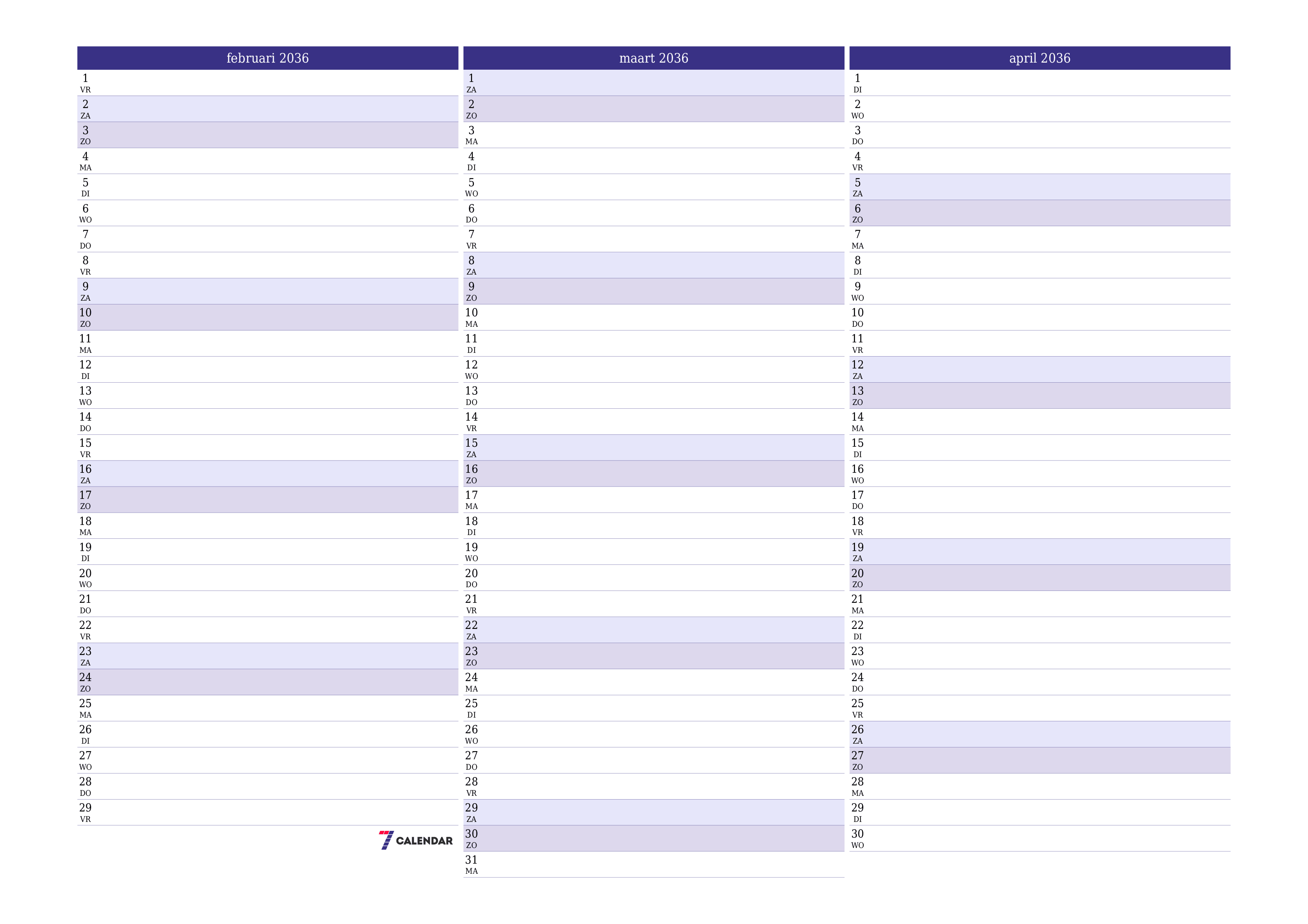 Lege maandplanner voor maand februari 2036 met notities, opslaan en afdrukken naar pdf PNG Dutch