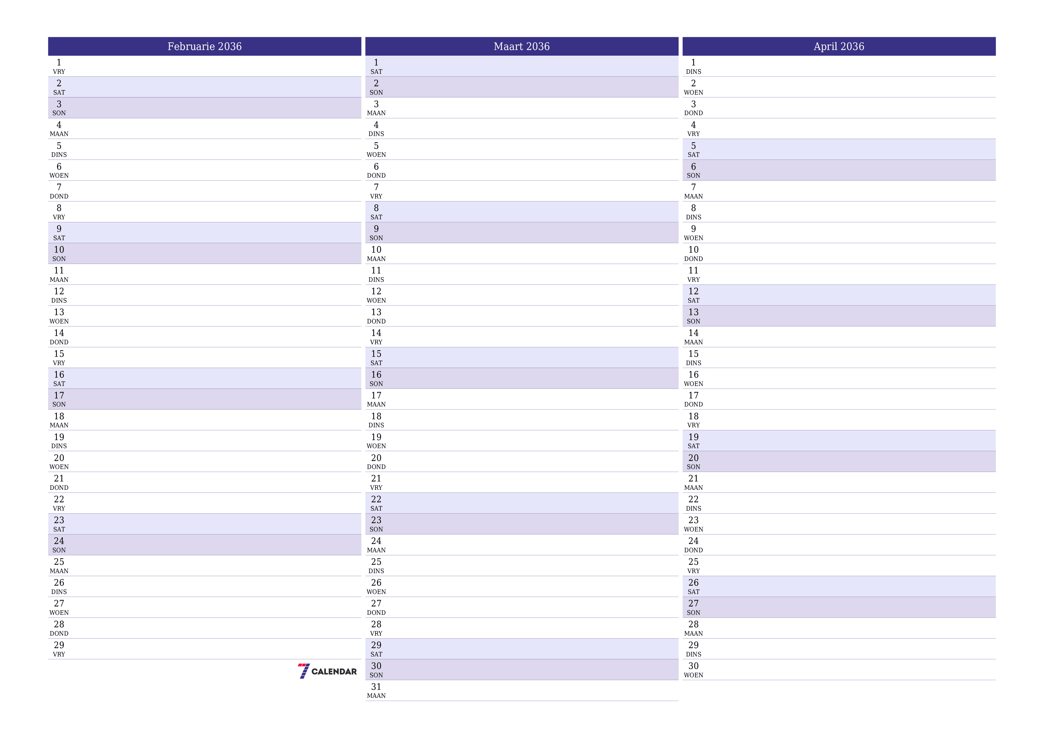 Leë maandelikse drukbare kalender en beplanner vir maand Februarie 2036 met notas stoor en druk na PDF PNG Afrikaans