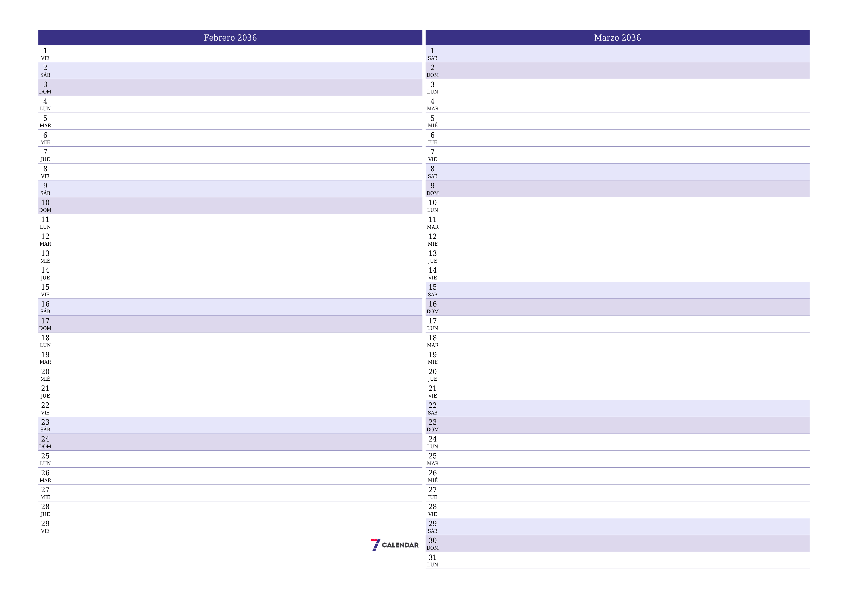 Planificador mensual vacío para el mes Febrero 2036 con notas, guardar e imprimir en PDF PNG Spanish