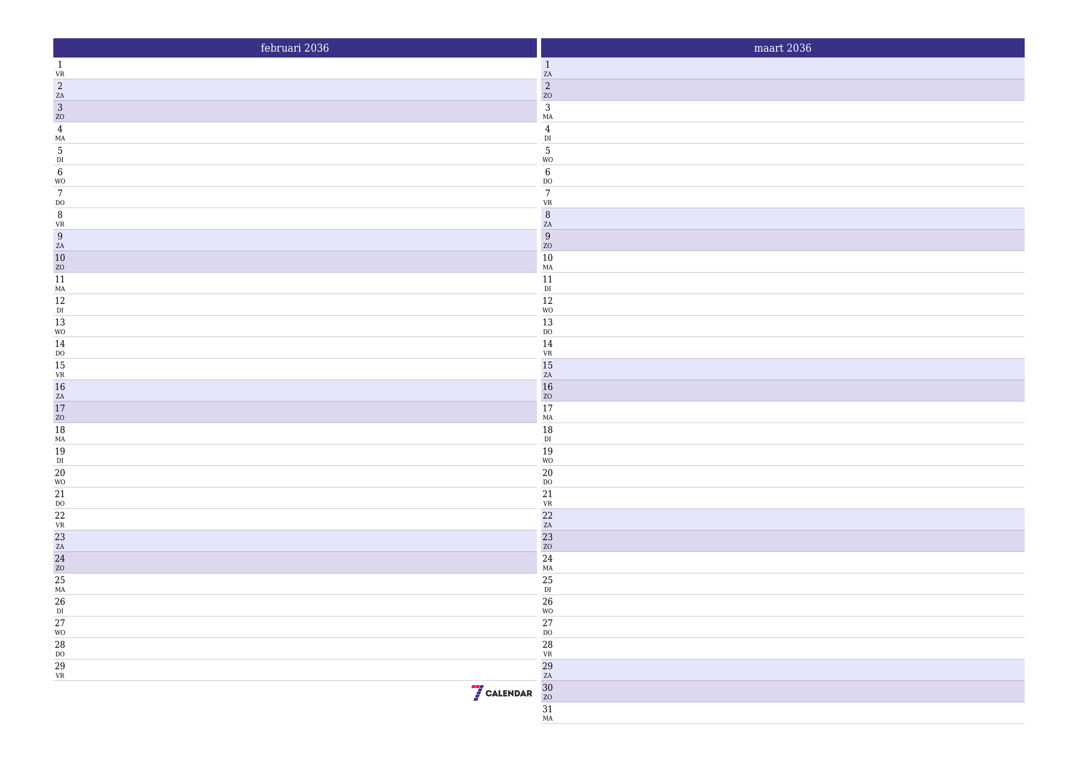 Lege maandplanner voor maand februari 2036 met notities, opslaan en afdrukken naar pdf PNG Dutch