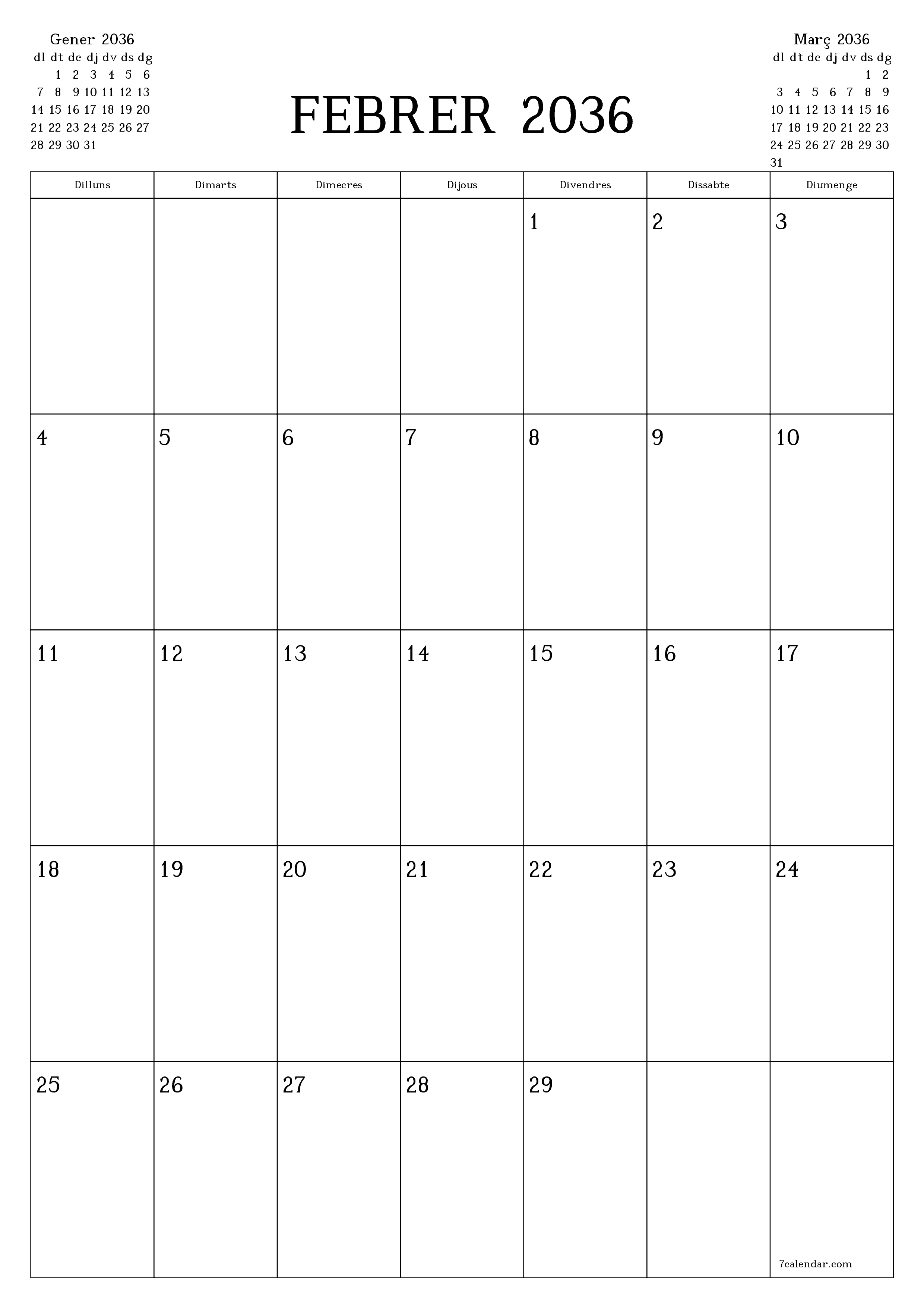  imprimible de paret plantilla de gratuïtvertical Mensual planificador calendari Febrer (Feb) 2036