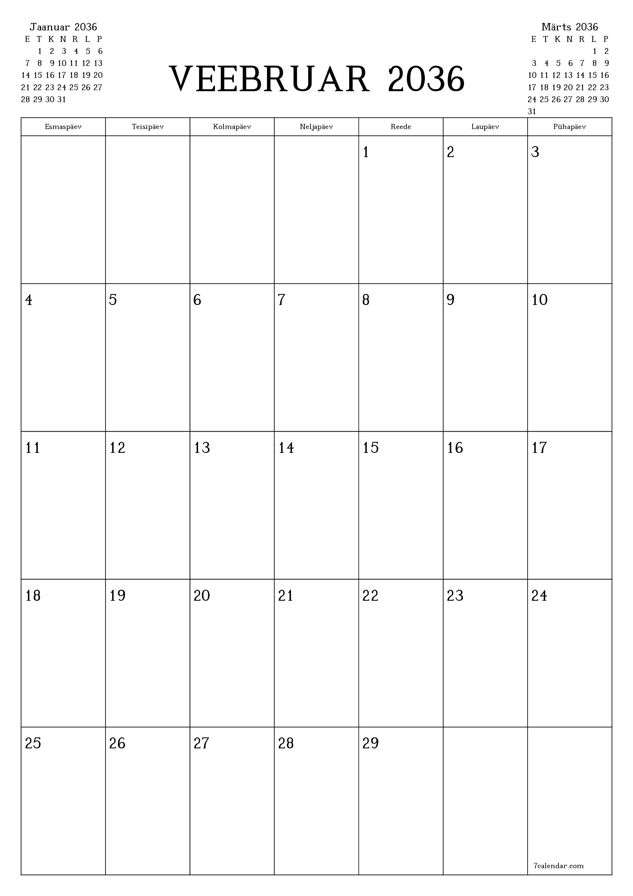 prinditav seina kalendri mall tasuta vertikaalne Igakuine planeerija kalender Veebruar (Veebr) 2036