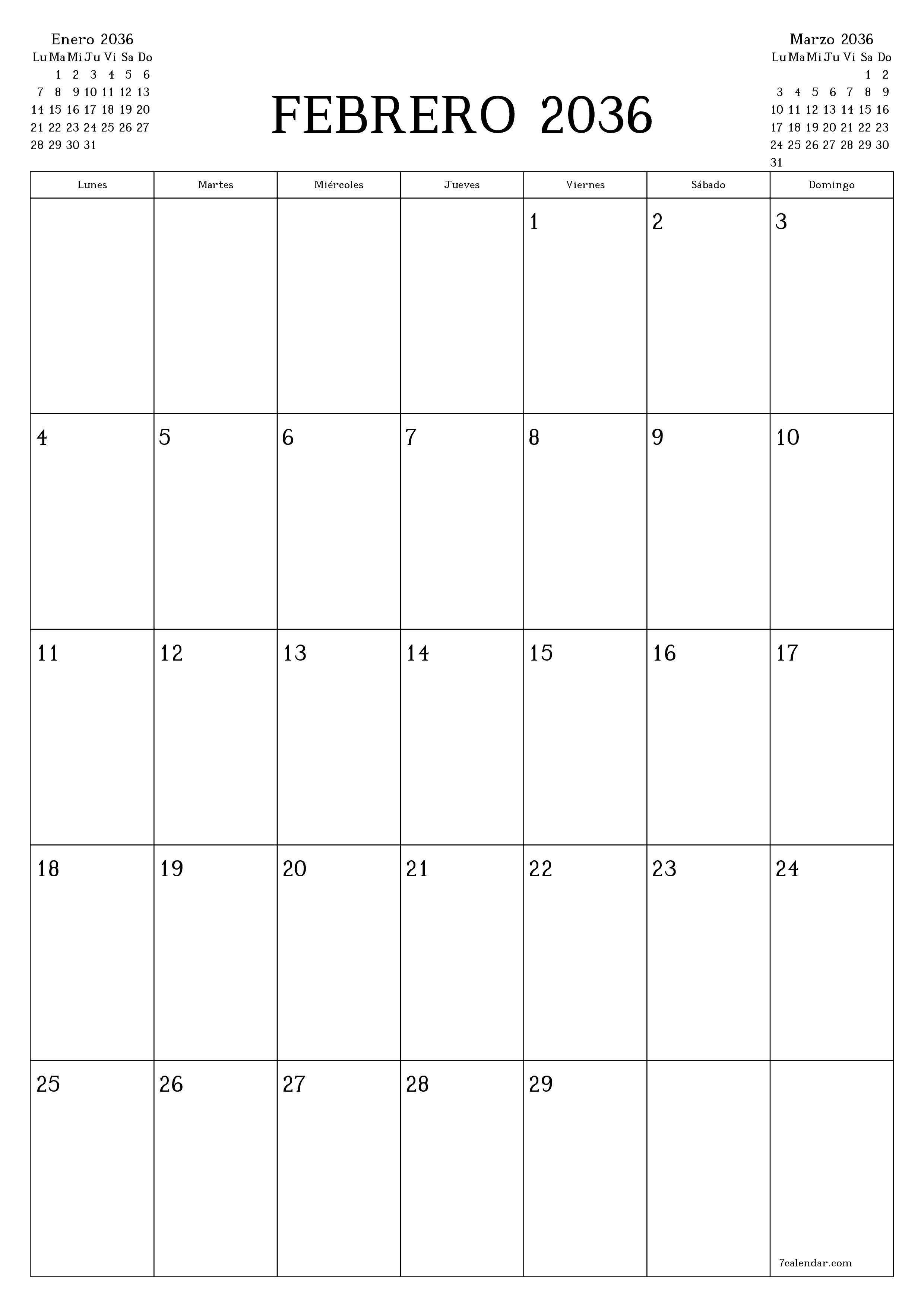  imprimible de pared plantilla de gratisvertical Mensual planificador calendario Febrero (Feb) 2036