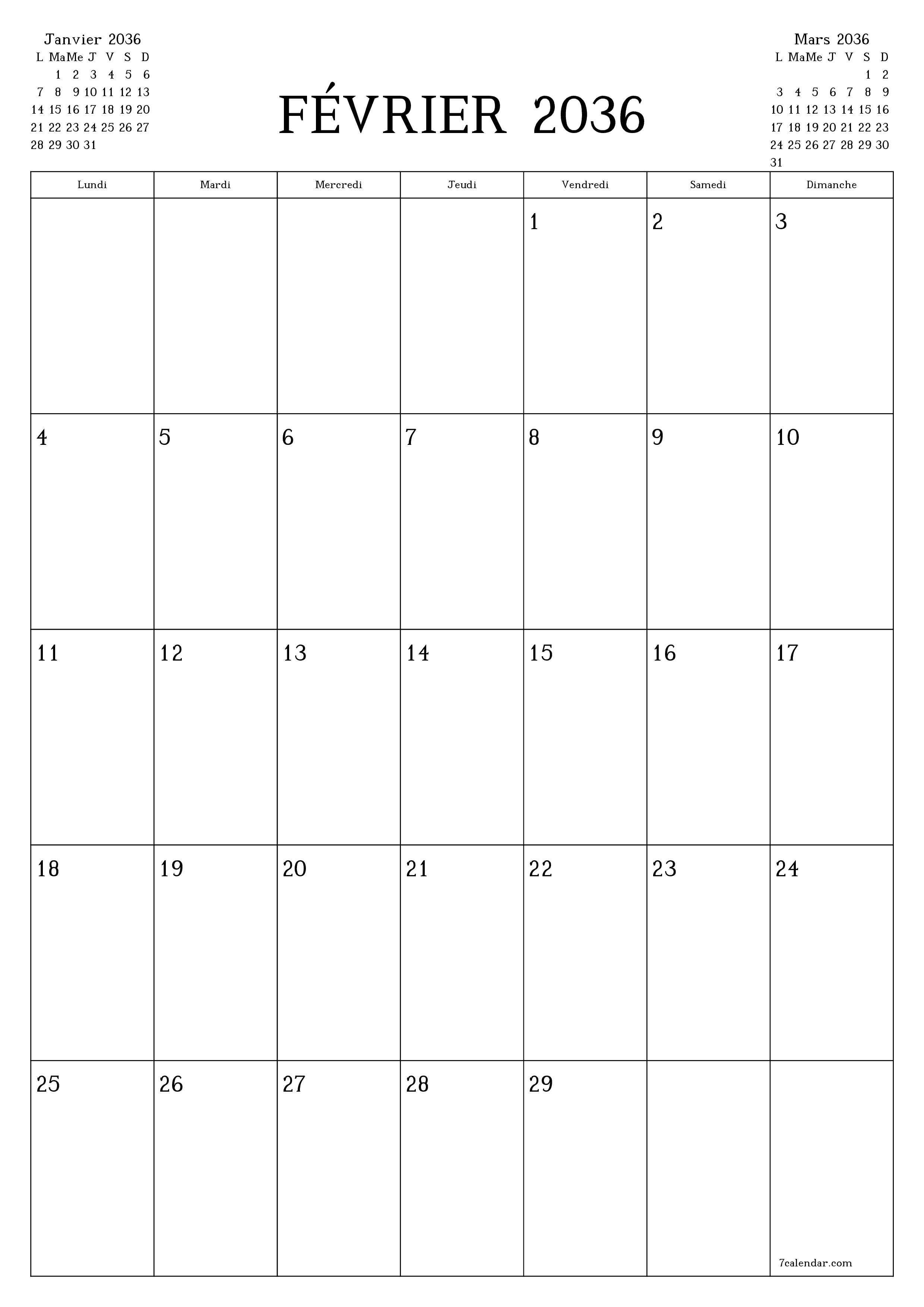  imprimable mural modèle de gratuitverticale Mensuel planificateur calendrier Février (Fév) 2036