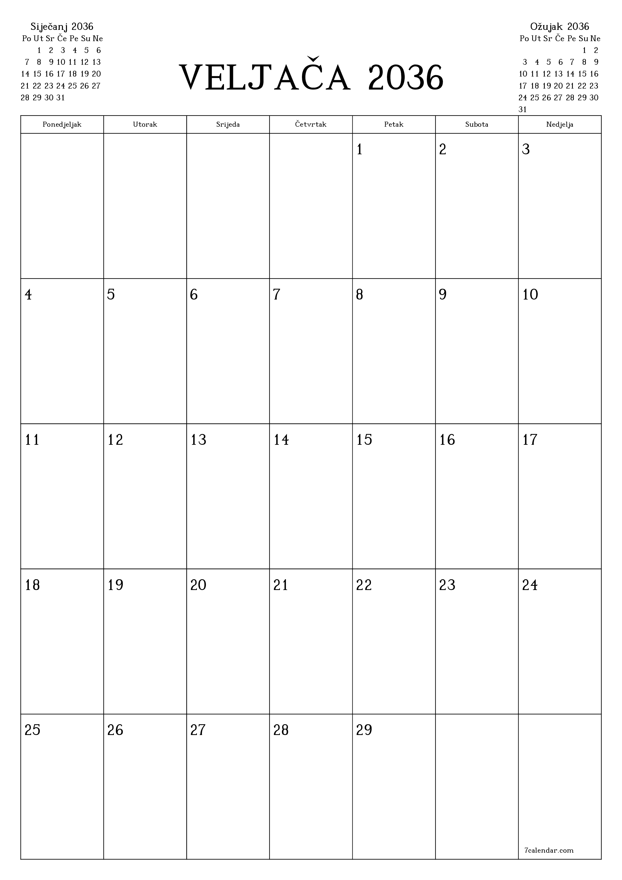  za ispis zidni predložak a besplatni okomito Mjesečni planer kalendar Veljača (Vel) 2036