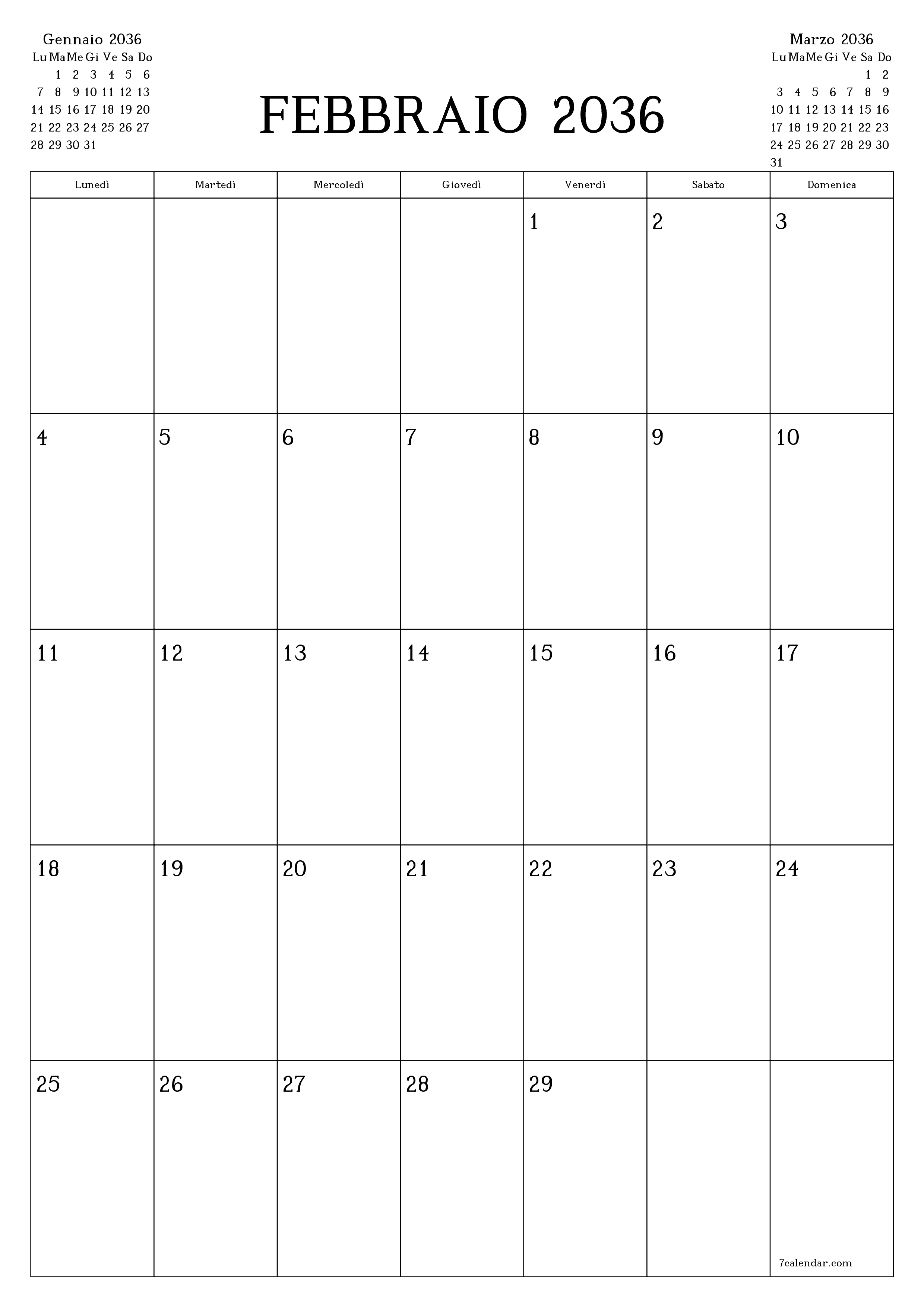  stampabile da parete modello di gratuitoverticale Mensile pianificatore calendario Febbraio (Feb) 2036