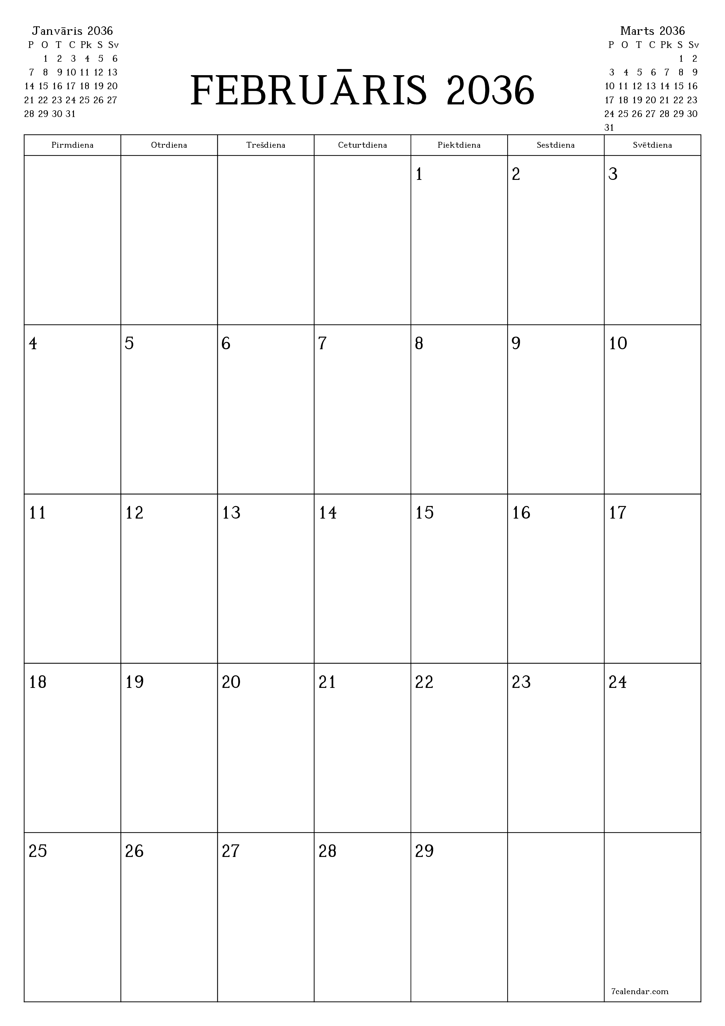 izdrukājams sienas kalendāra veidne bezmaksas vertikāli Mēneša plānotājs kalendārs Februāris (Feb) 2036