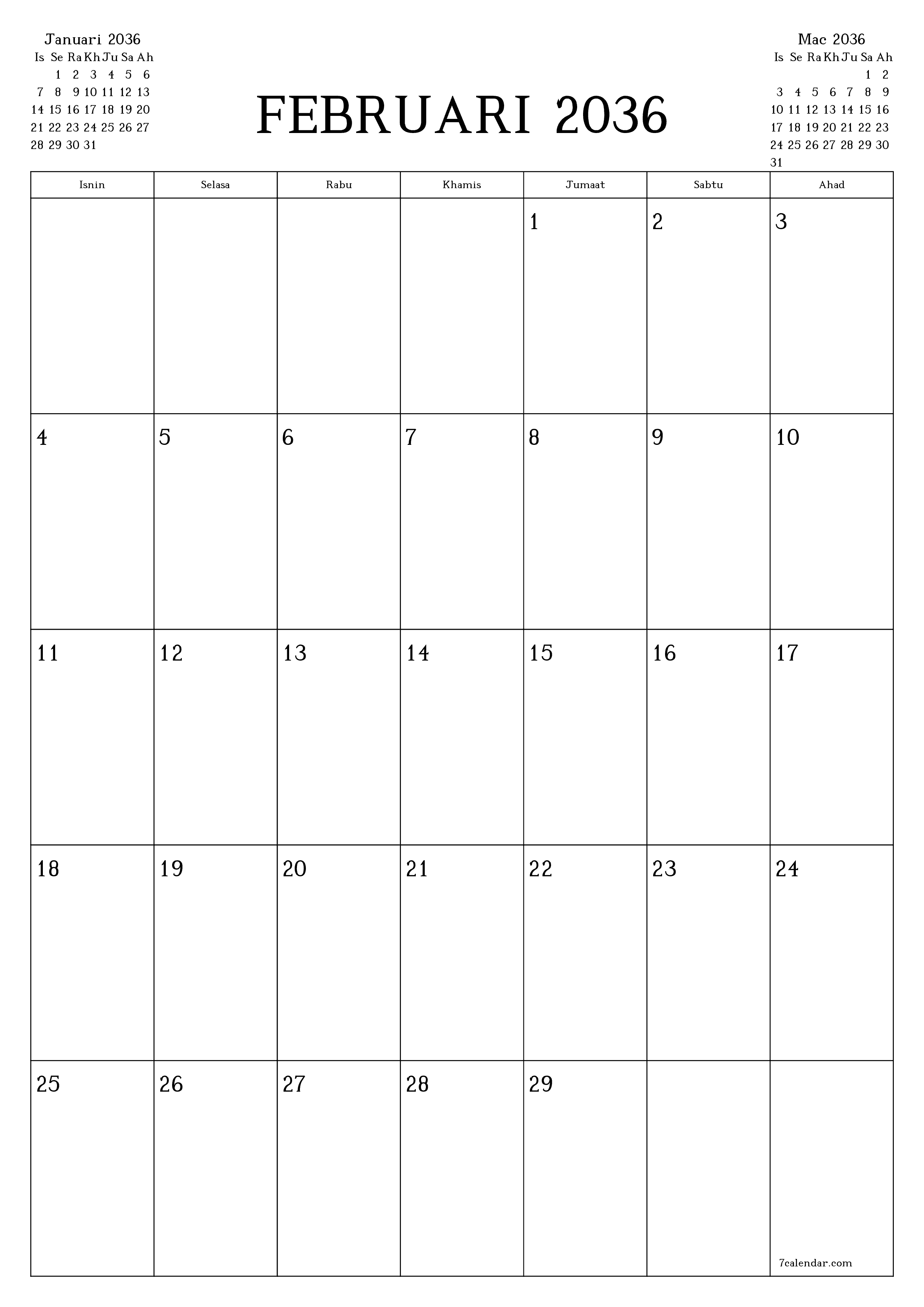  boleh cetak dinding templat percumamenegak Bulanan perancang kalendar Februari (Feb) 2036