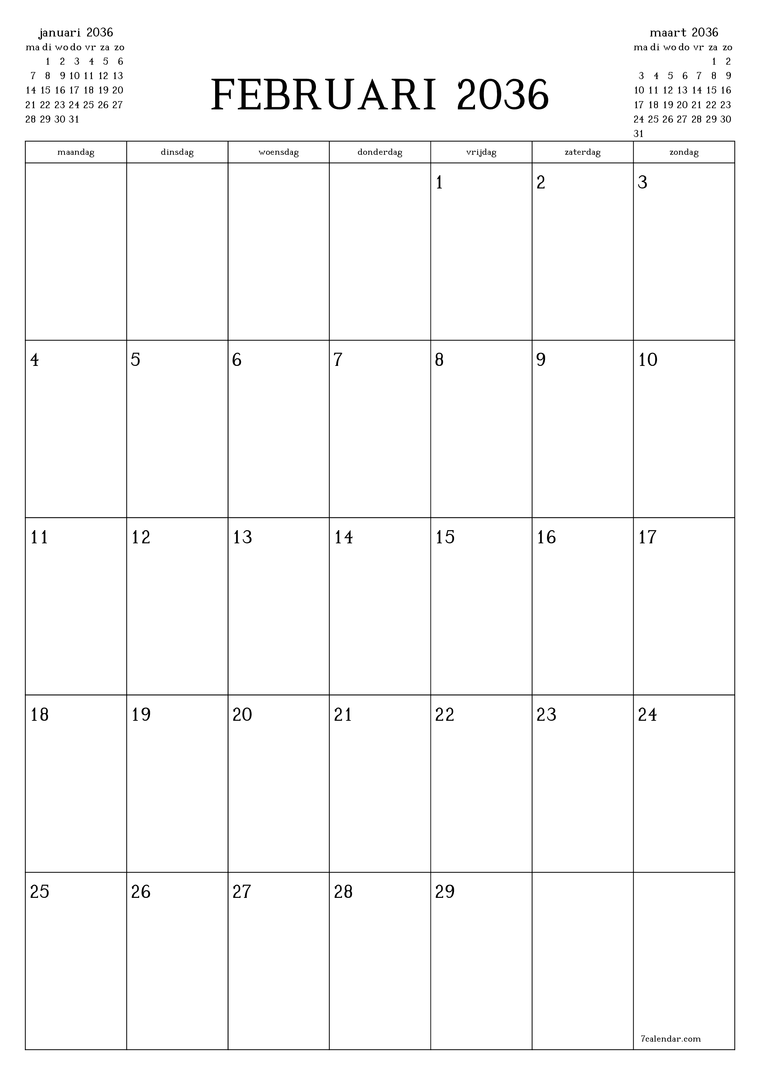 afdrukbare muur sjabloon gratis verticaal Maandelijks planner kalender februari (feb) 2036
