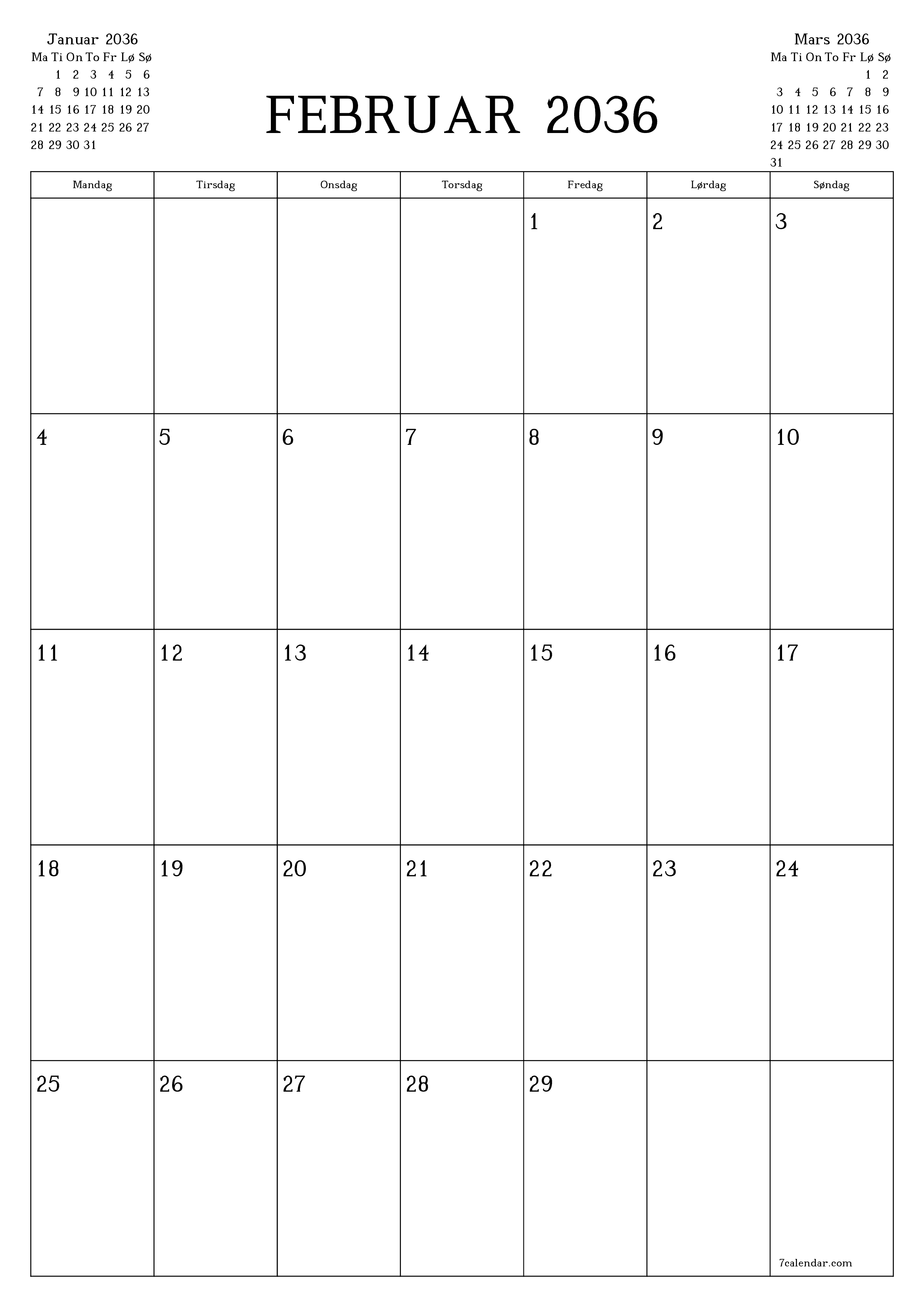 utskrivbar vegg mal gratis vertikal Månedlig planlegger kalender Februar (Feb) 2036