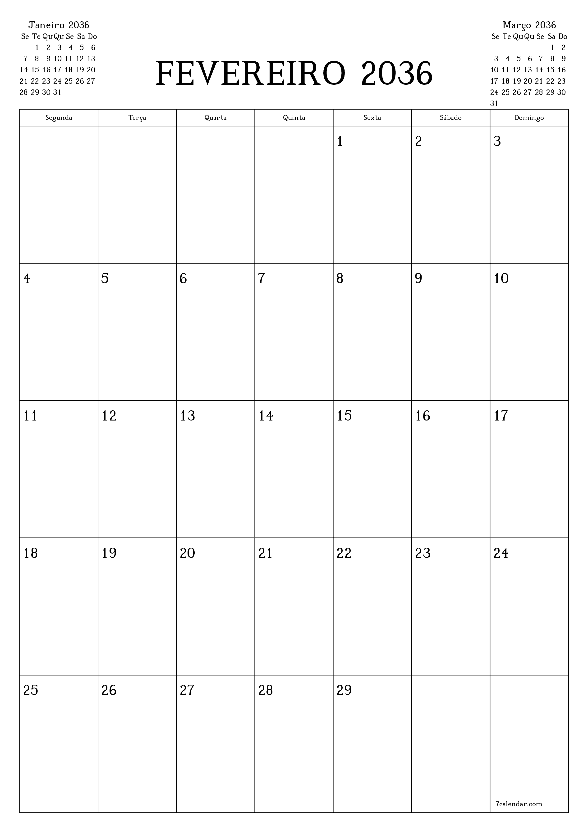  para impressão de parede modelo de grátisvertical Mensal planejador calendário Fevereiro (Fev) 2036