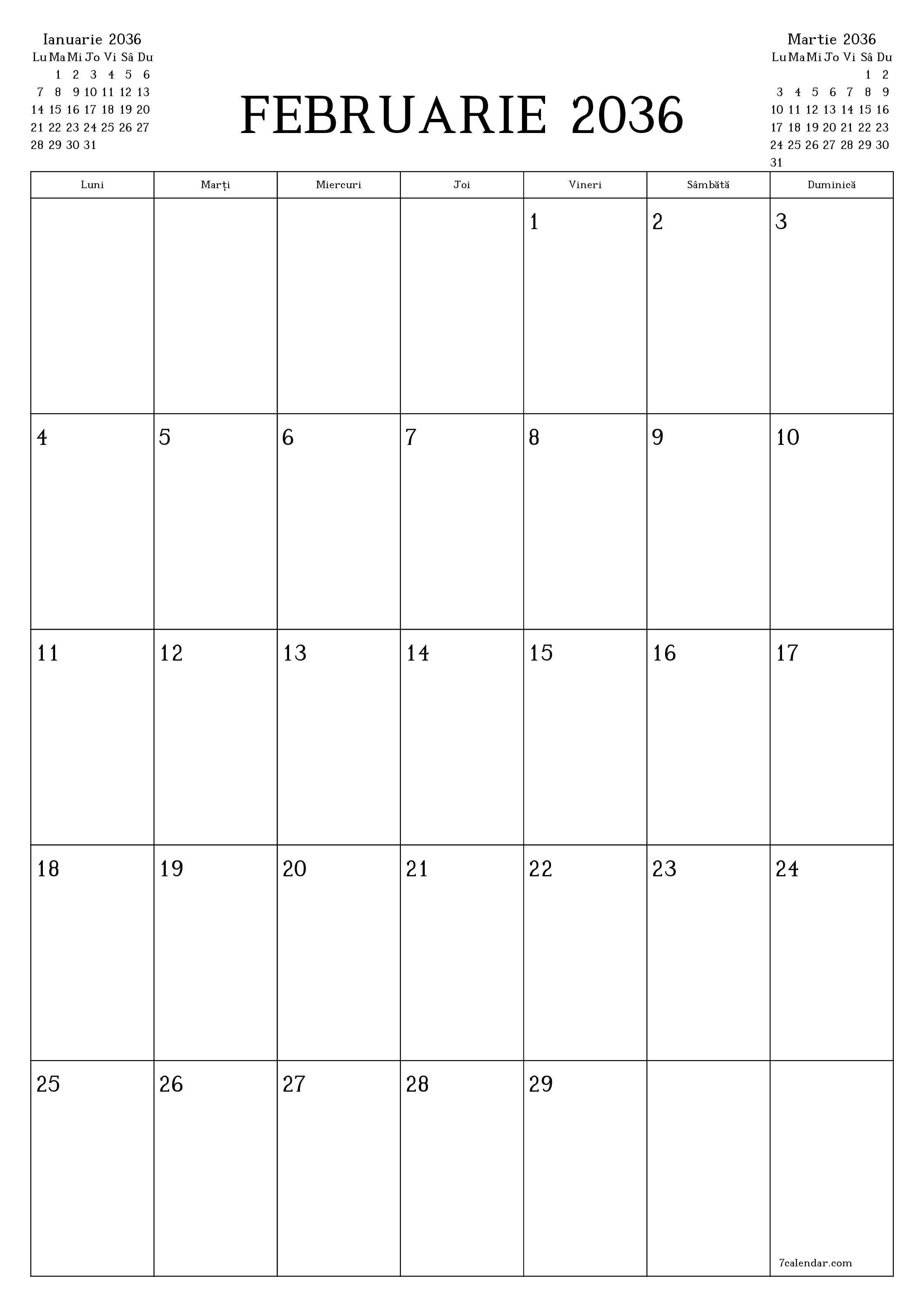  imprimabil de perete șablon de gratuitvertical Lunar planificator calendar Februarie (Feb) 2036