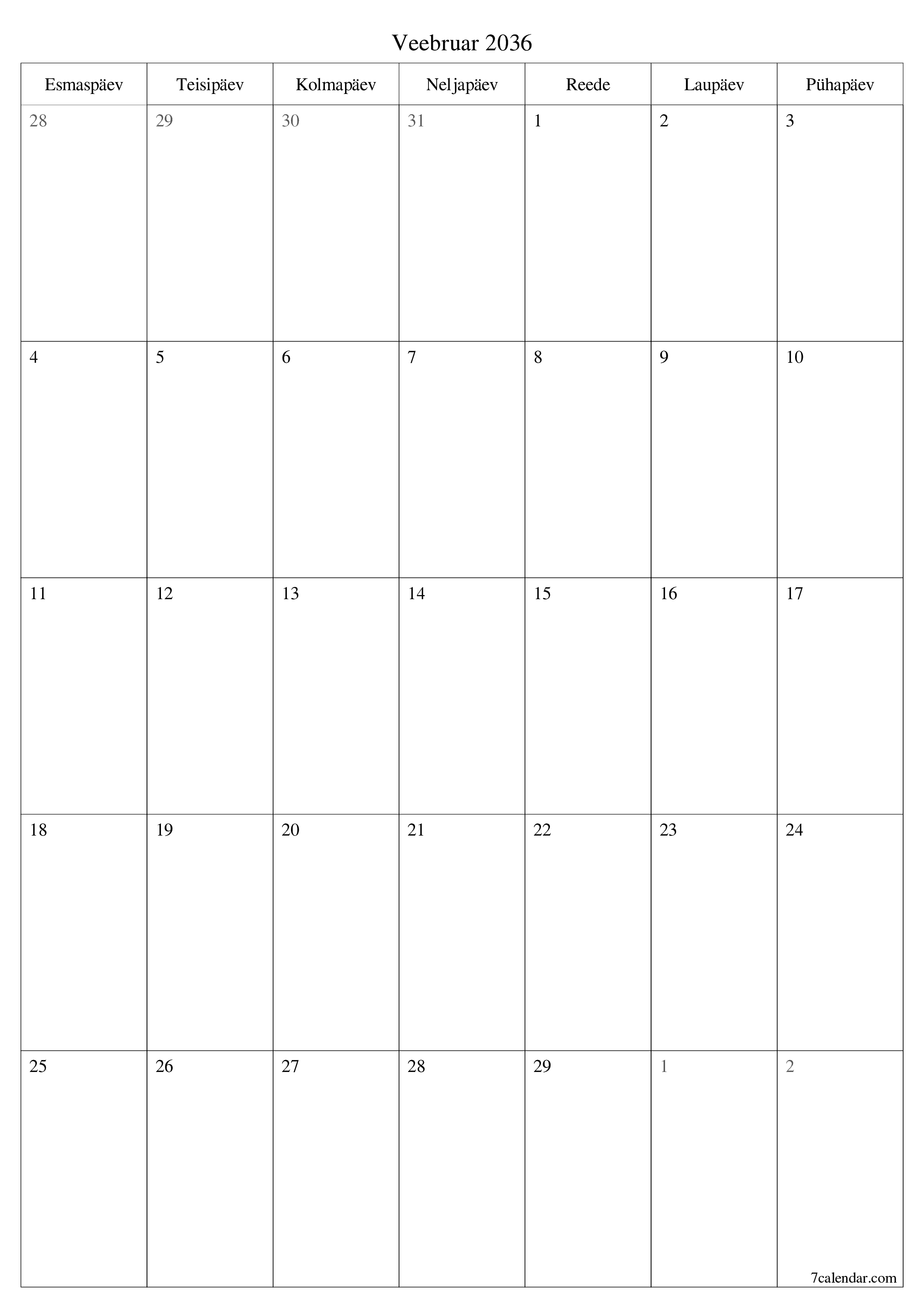 prinditav seina kalendri mall tasuta vertikaalne Igakuine planeerija kalender Veebruar (Veebr) 2036