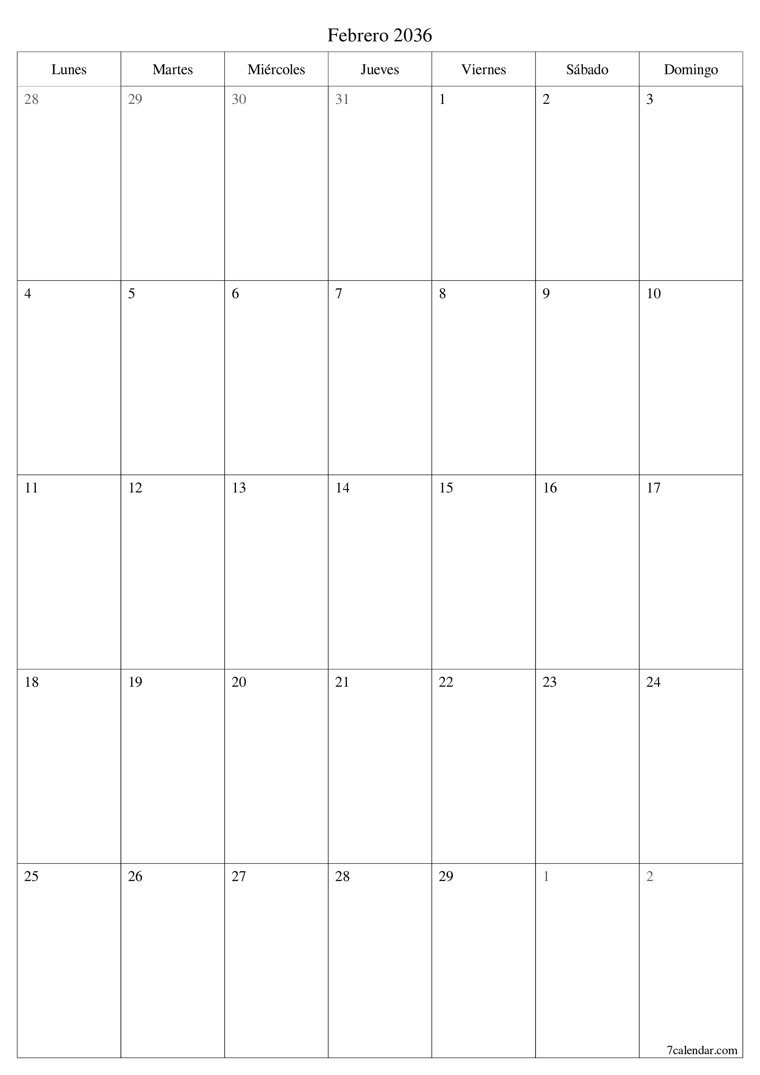  imprimible de pared plantilla de gratisvertical Mensual planificador calendario Febrero (Feb) 2036