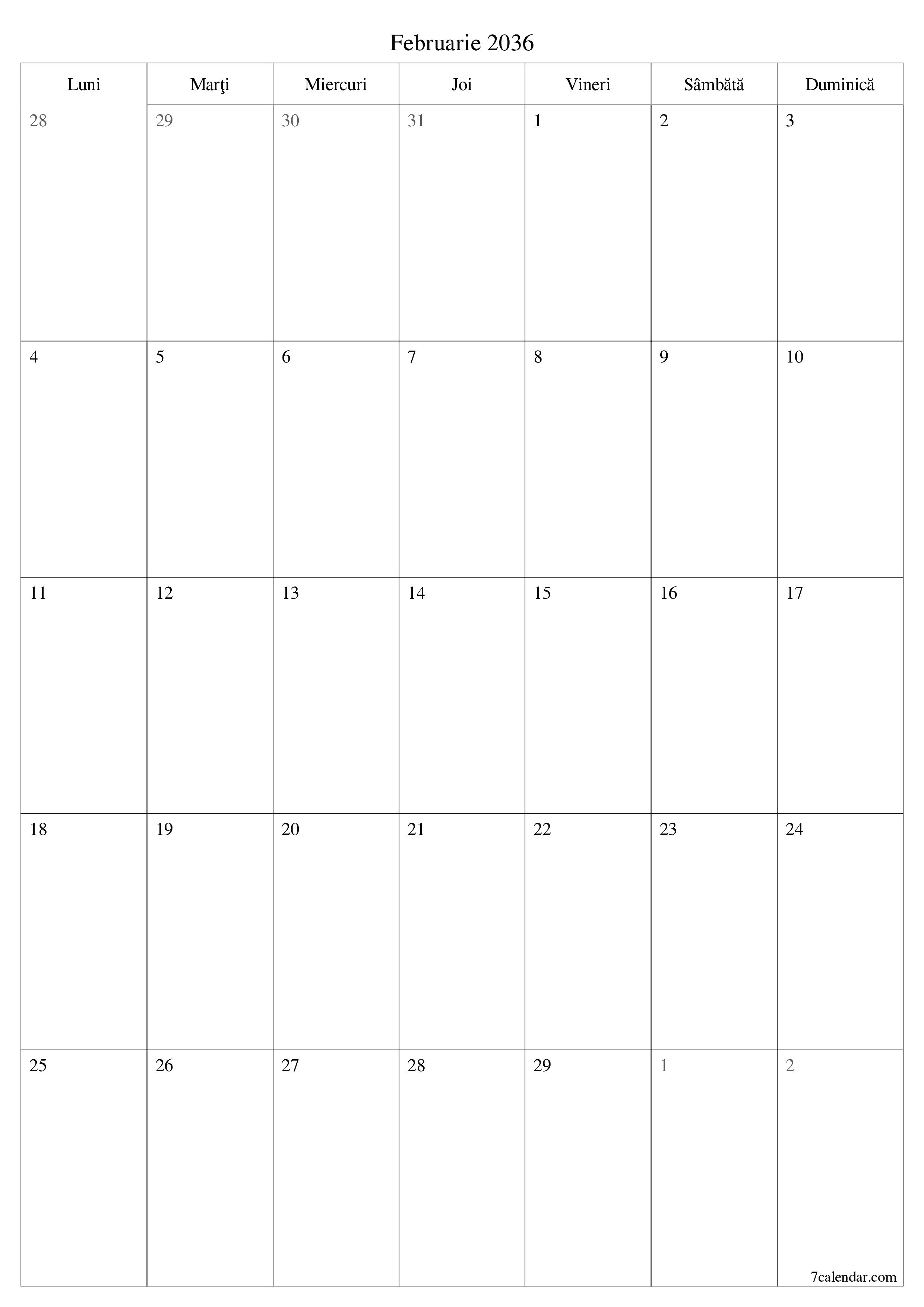  imprimabil de perete șablon de gratuitvertical Lunar planificator calendar Februarie (Feb) 2036