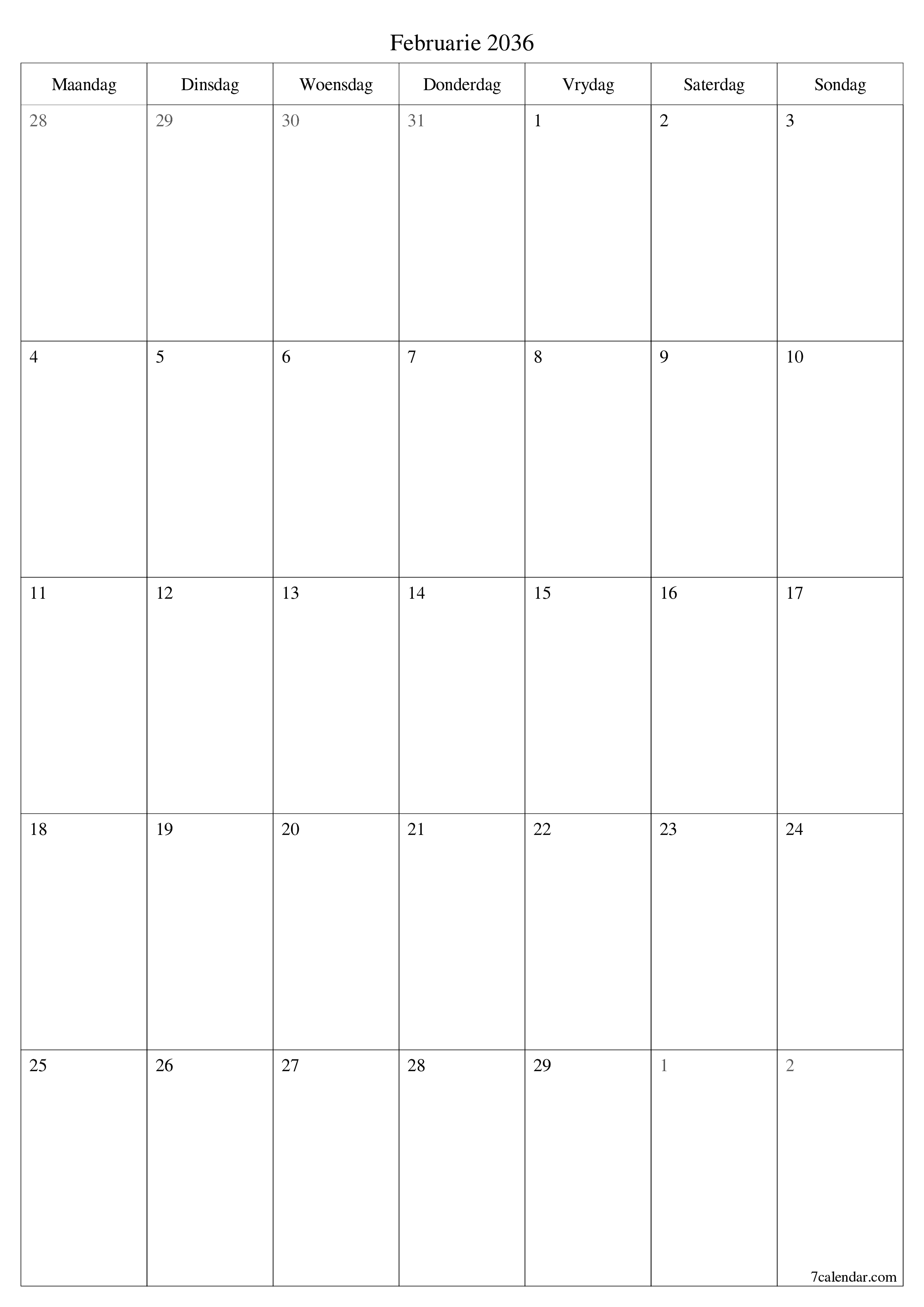 drukbare muur template gratis vertikaal Maandeliks beplanner kalender Februarie (Feb) 2036