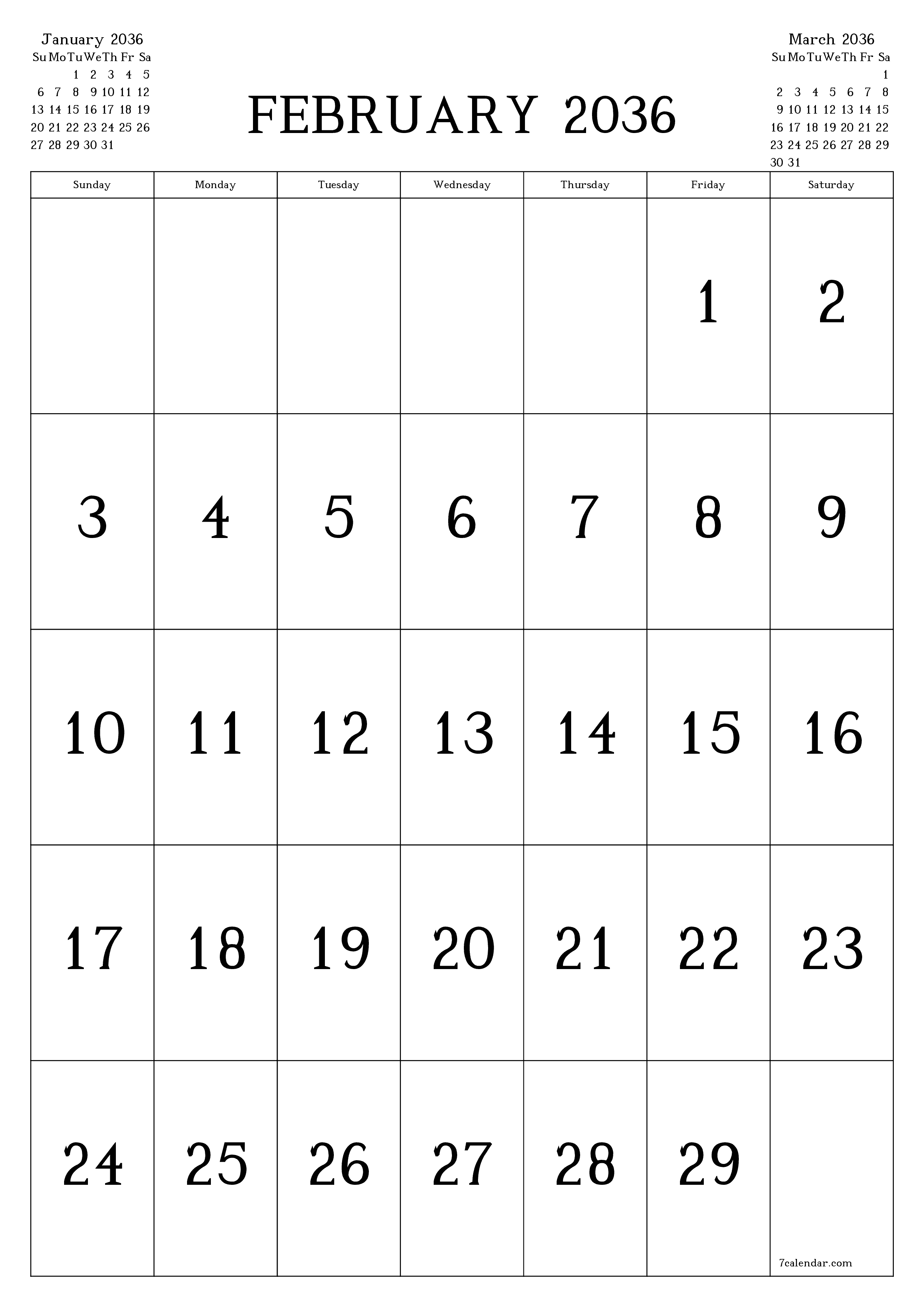 printable wall template free vertical Monthly calendar February (Feb) 2036