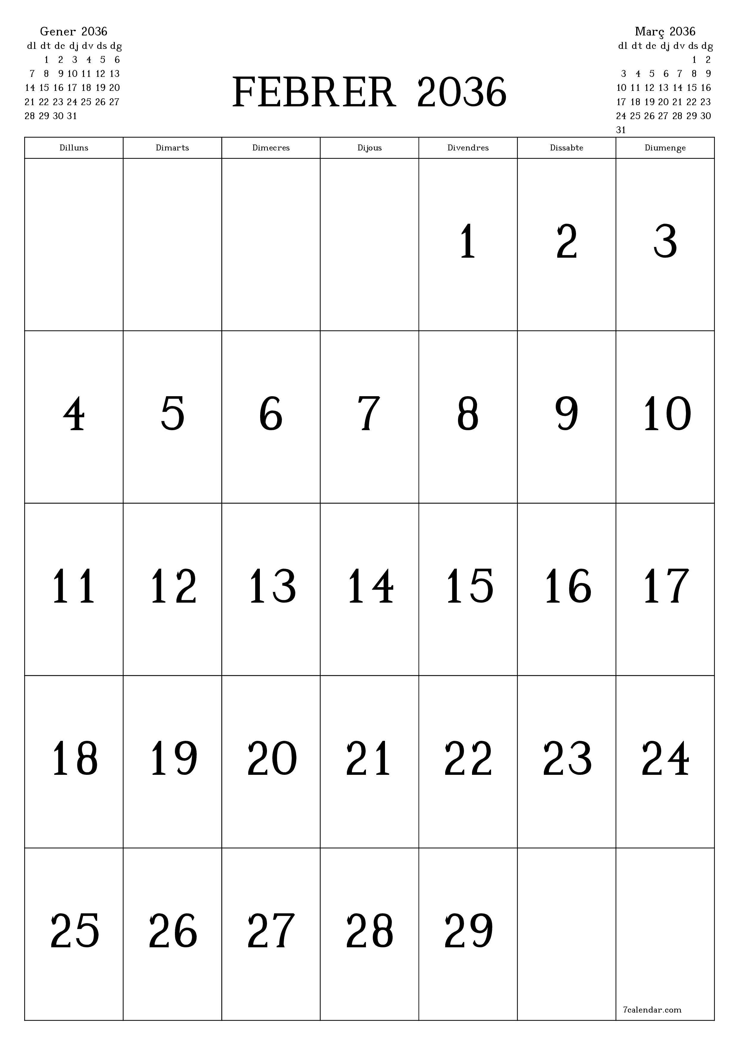  imprimible de paret plantilla de gratuïtvertical Mensual calendari Febrer (Feb) 2036