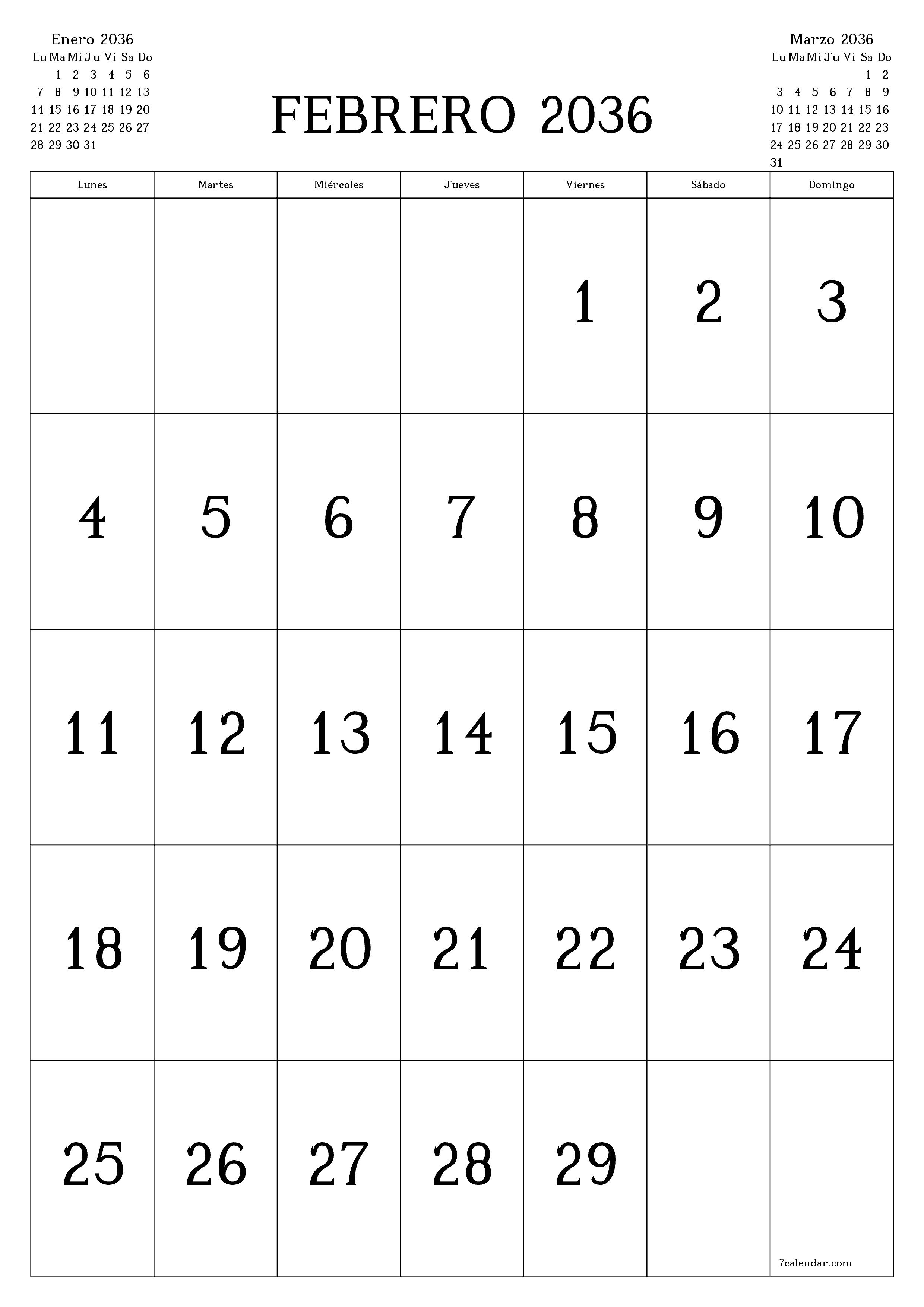  imprimible de pared plantilla de gratisvertical Mensual calendario Febrero (Feb) 2036