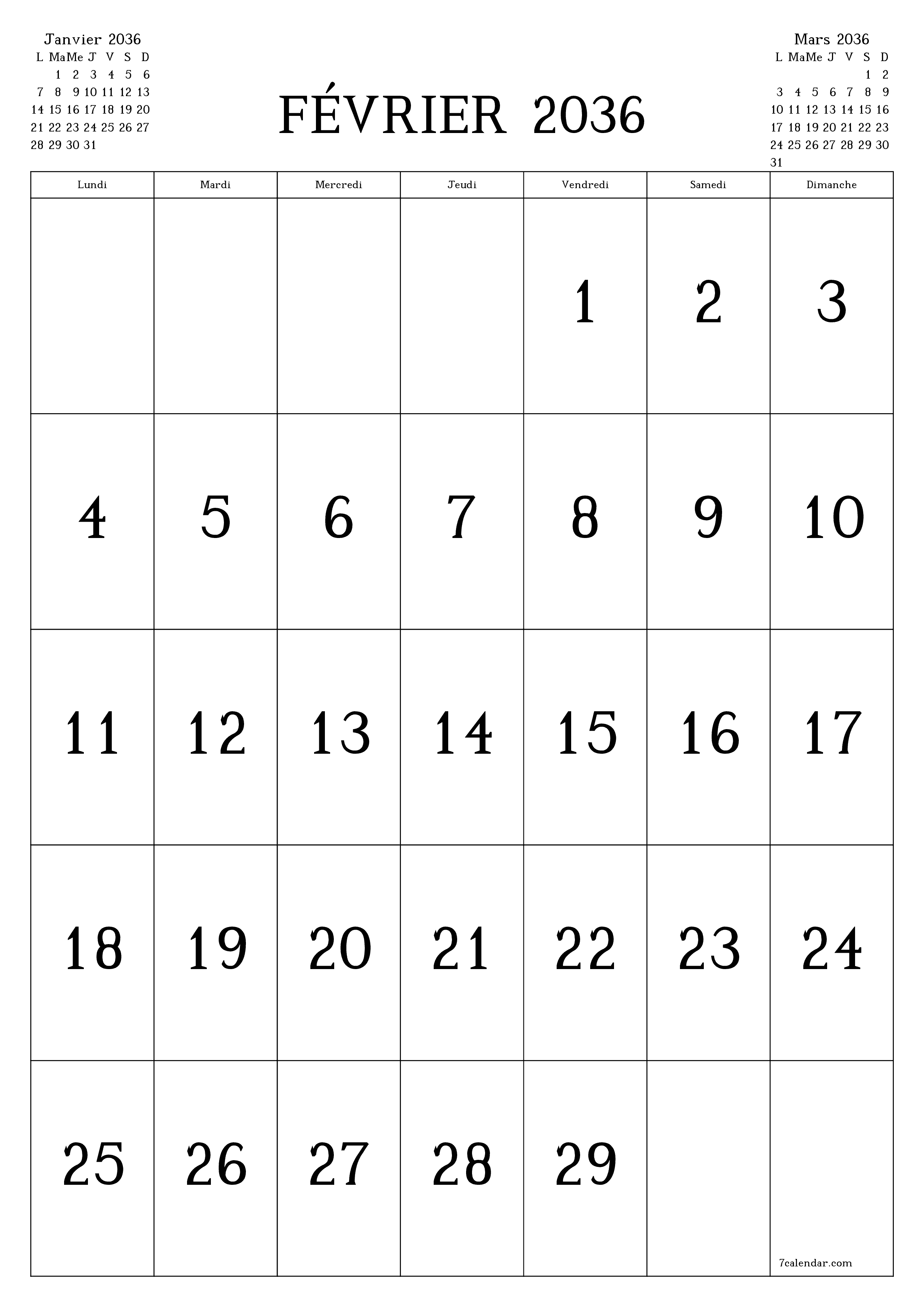  imprimable mural modèle de gratuitverticale Mensuel calendrier Février (Fév) 2036