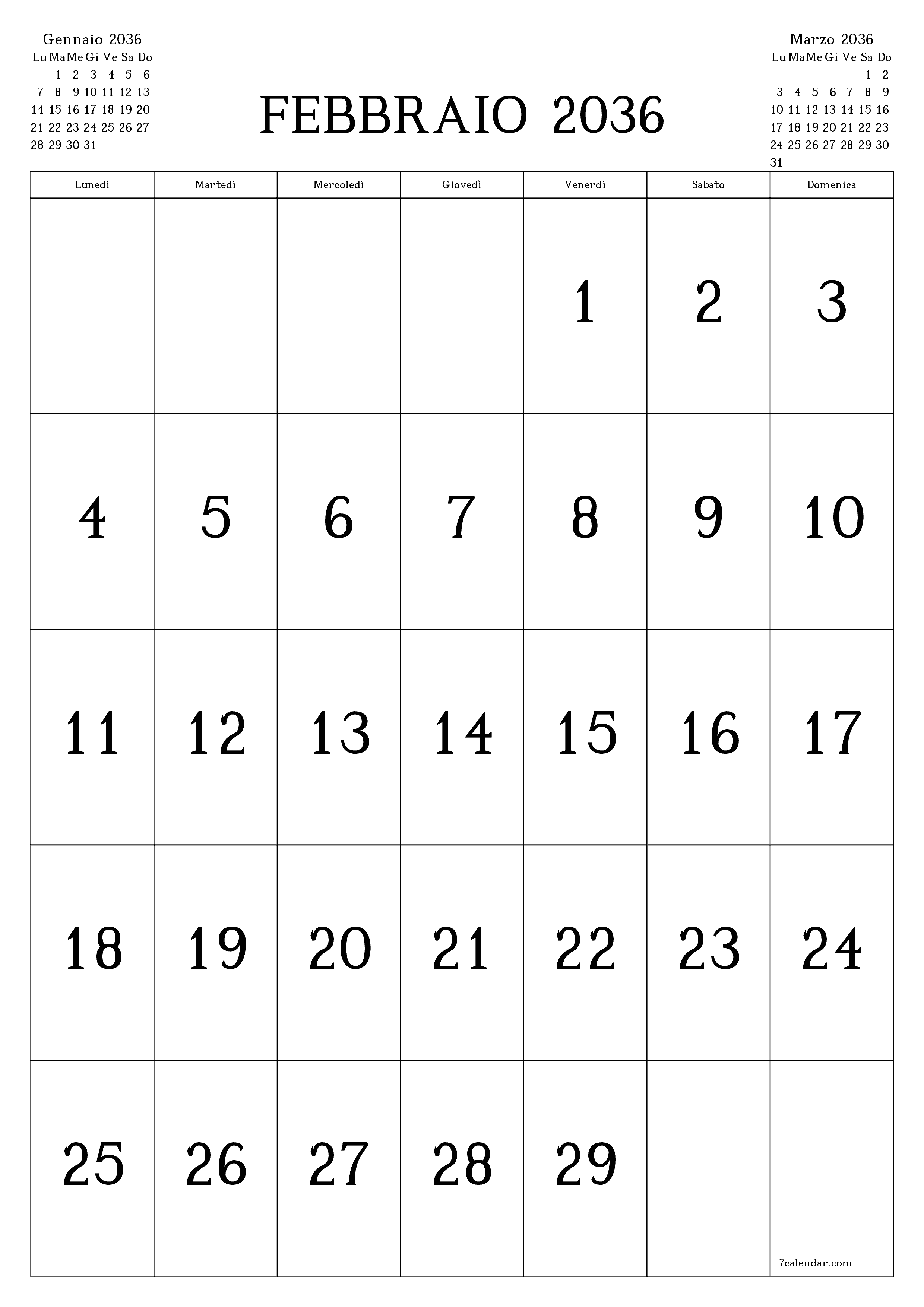  stampabile da parete modello di gratuitoverticale Mensile calendario Febbraio (Feb) 2036