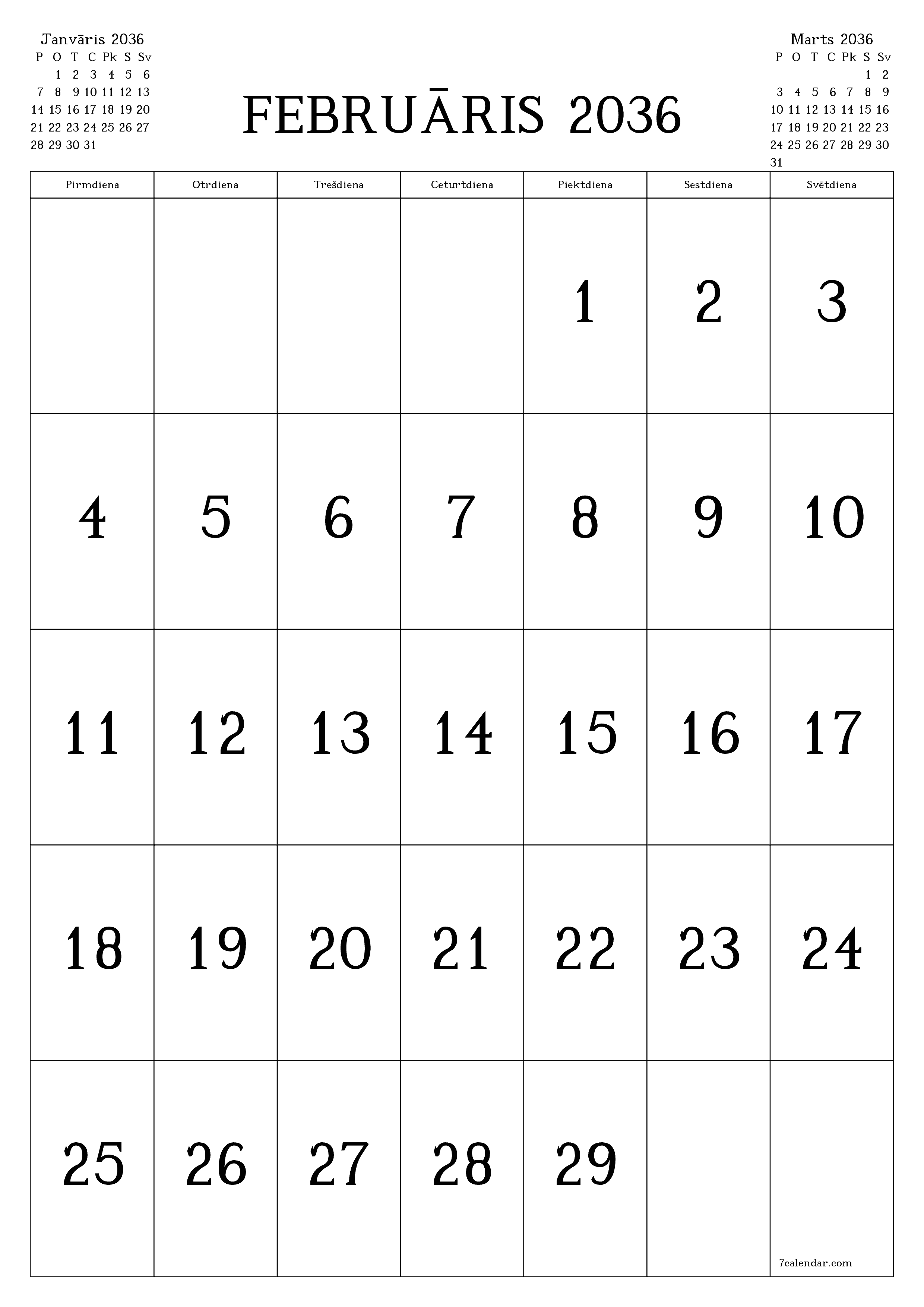 izdrukājams sienas kalendāra veidne bezmaksas vertikāli Mēneša kalendārs Februāris (Feb) 2036