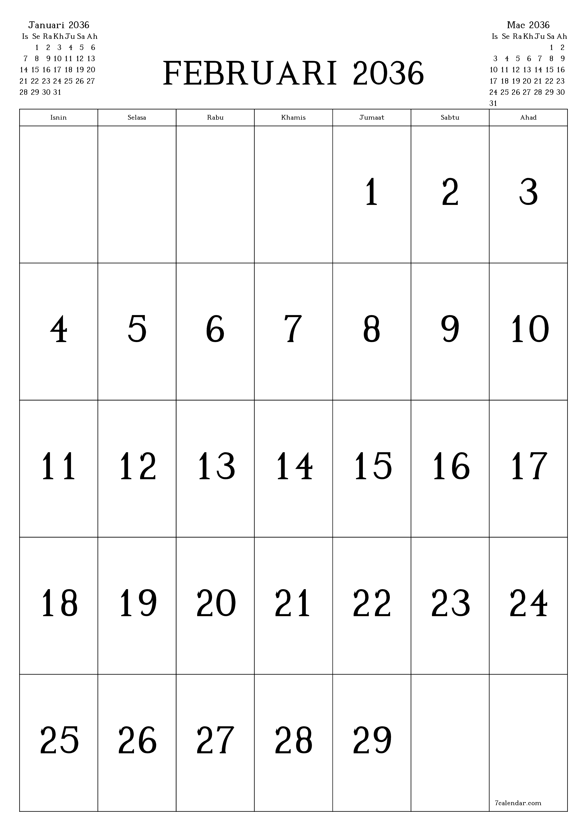  boleh cetak dinding templat percumamenegak Bulanan kalendar Februari (Feb) 2036