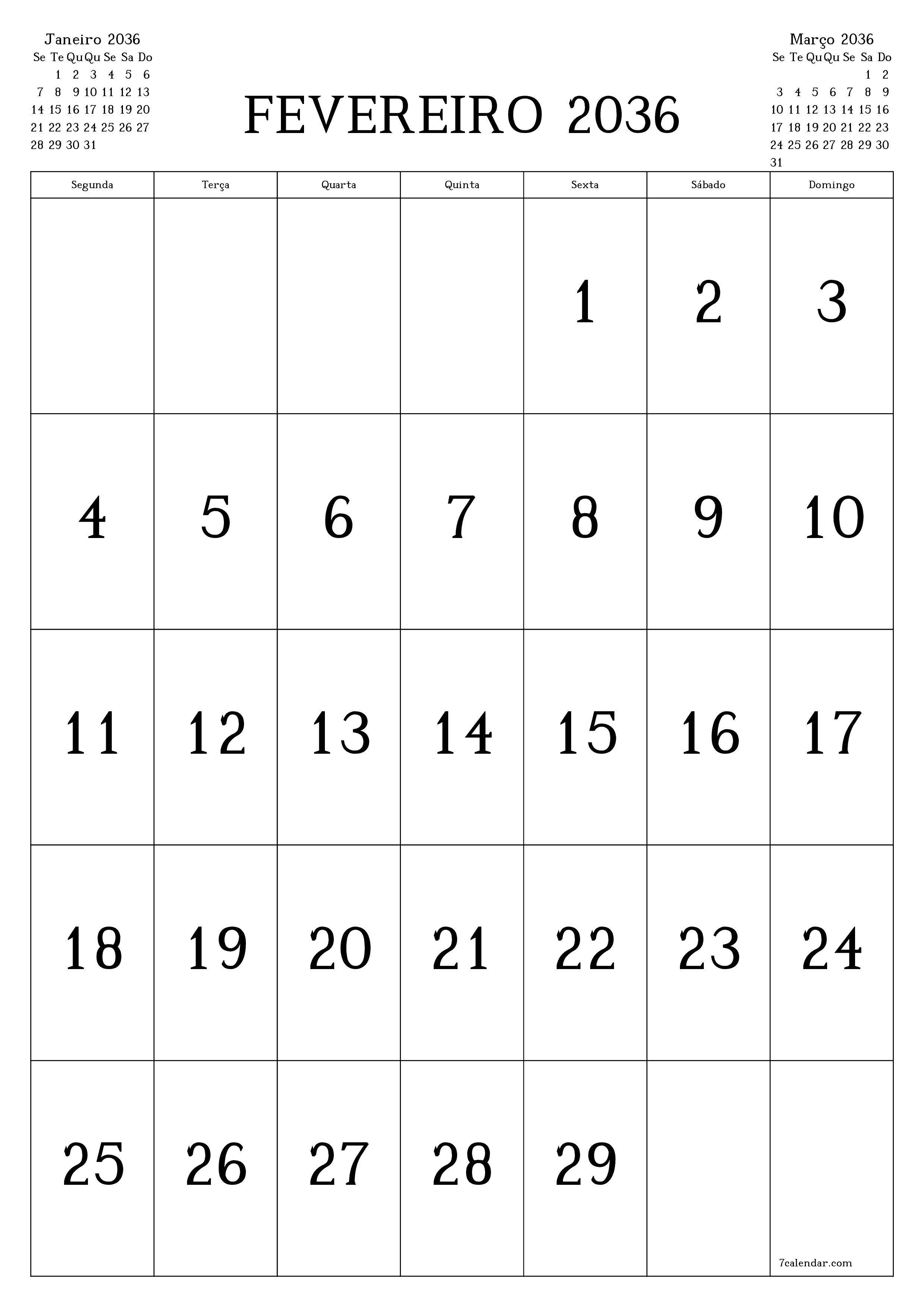  para impressão de parede modelo de grátisvertical Mensal calendário Fevereiro (Fev) 2036