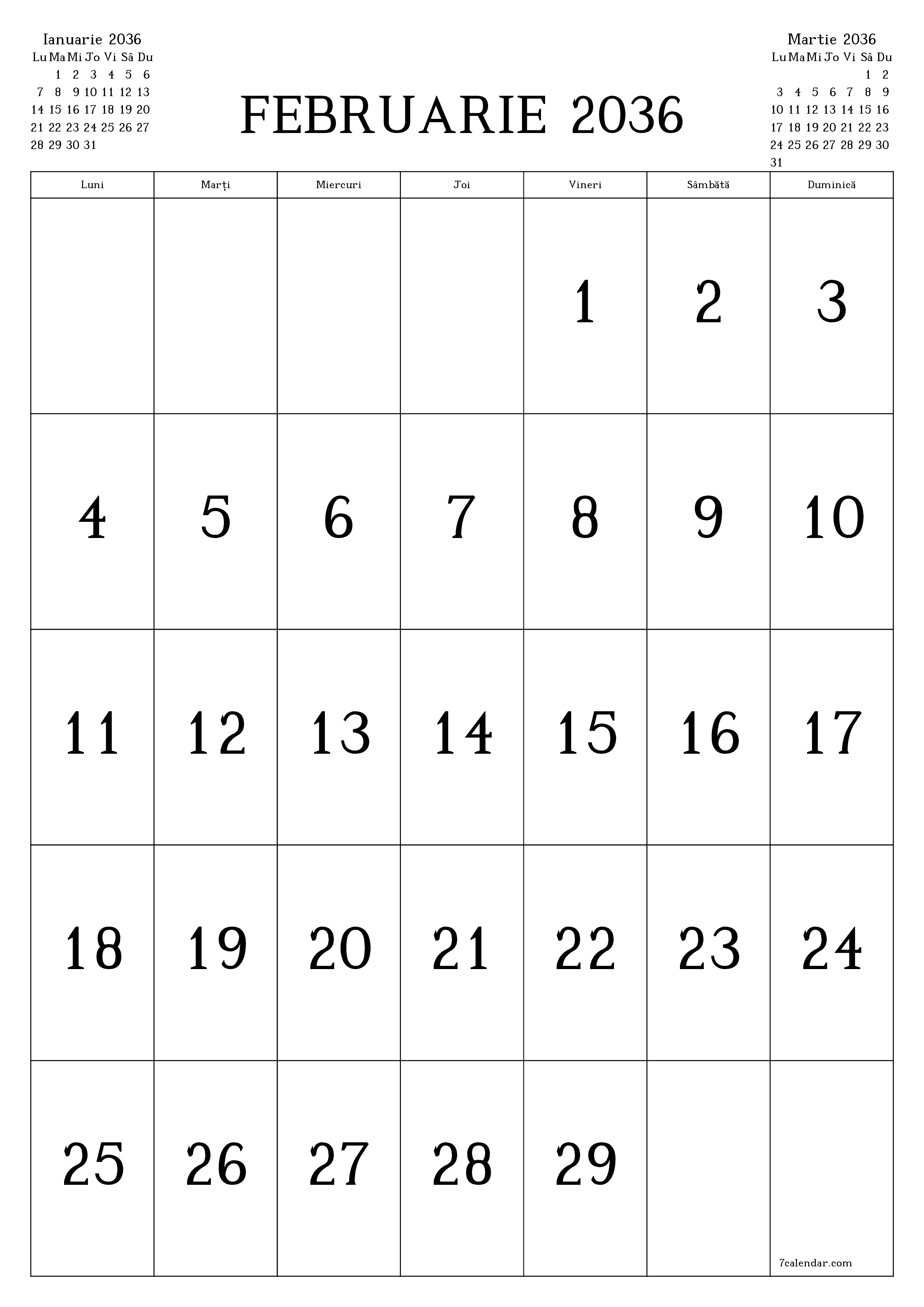  imprimabil de perete șablon de gratuitvertical Lunar calendar Februarie (Feb) 2036