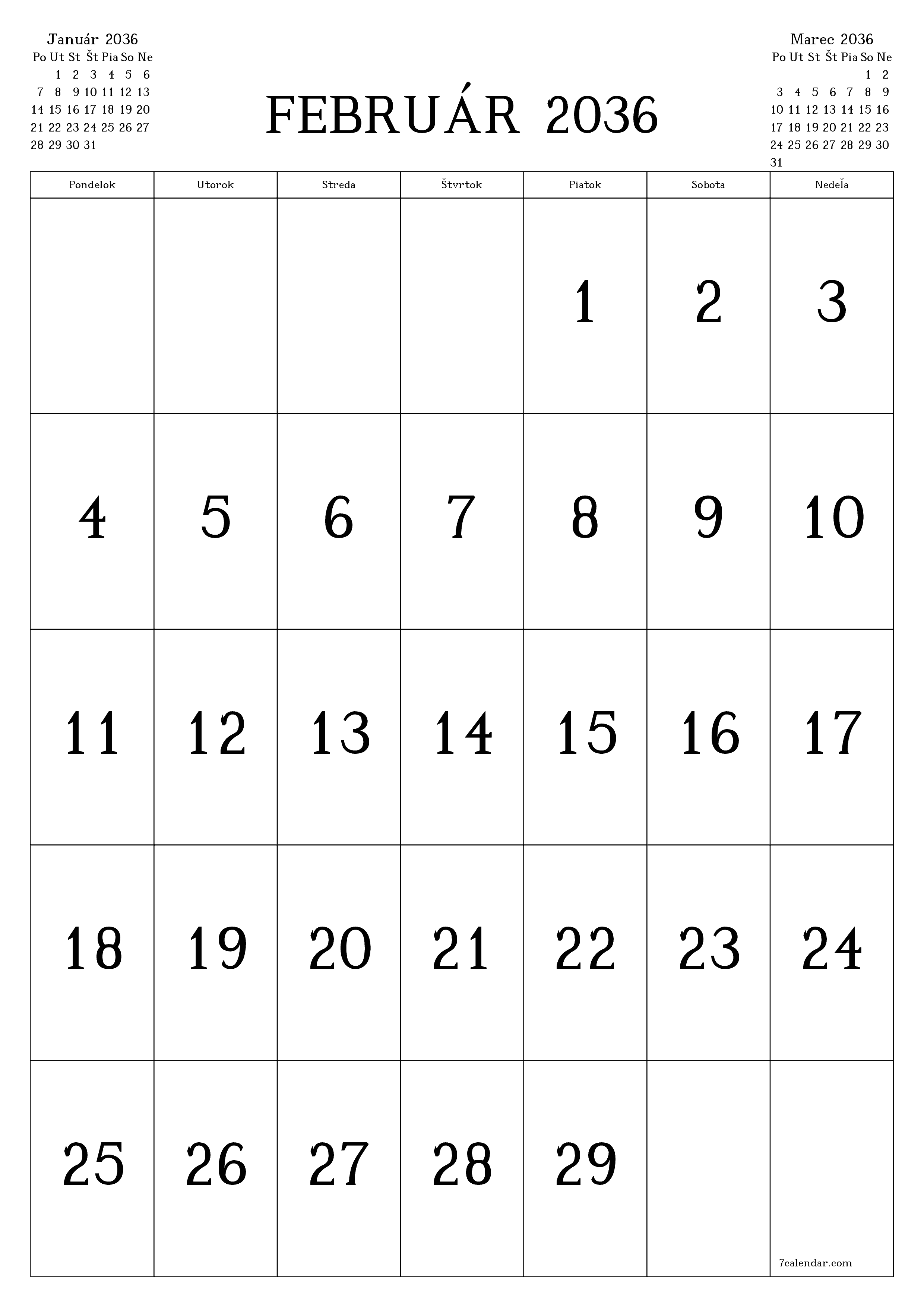 vytlačiteľný nástenný šablóna a bezplatný вертикальный Mesačne kalendár Február (Feb) 2036