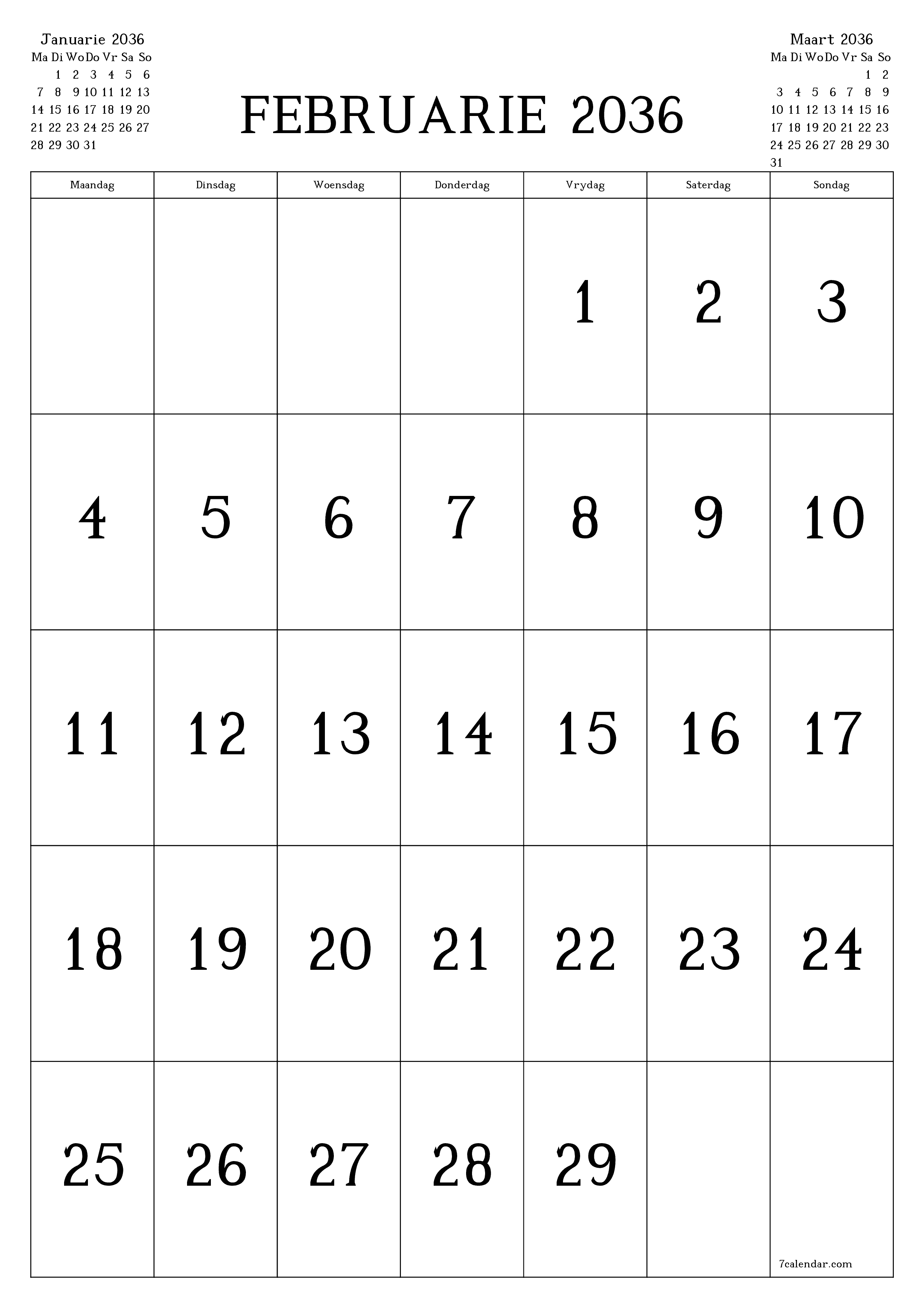drukbare muur template gratis vertikaal Maandeliks kalender Februarie (Feb) 2036
