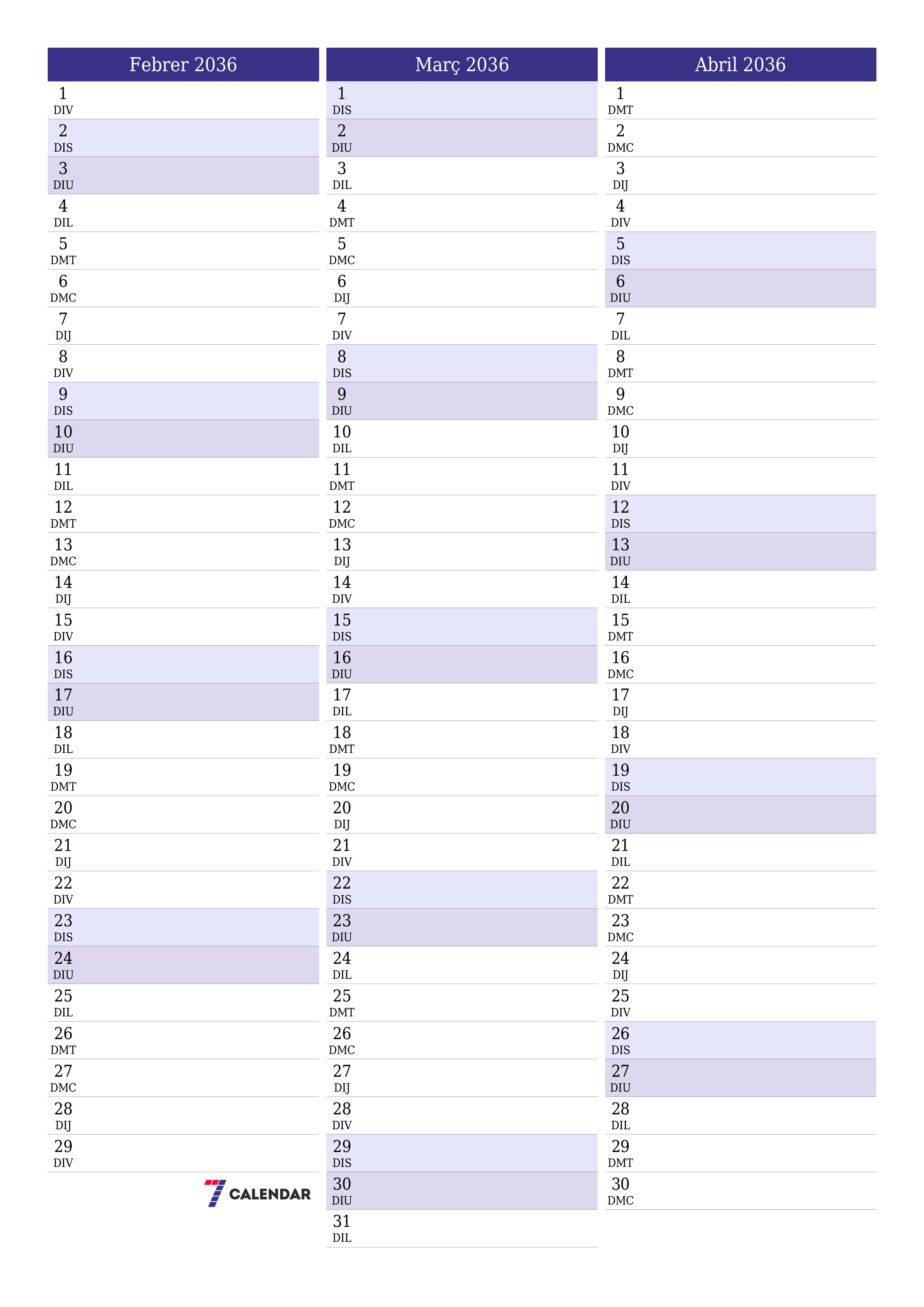  imprimible de paret plantilla de gratuïtvertical Mensual planificador calendari Febrer (Feb) 2036