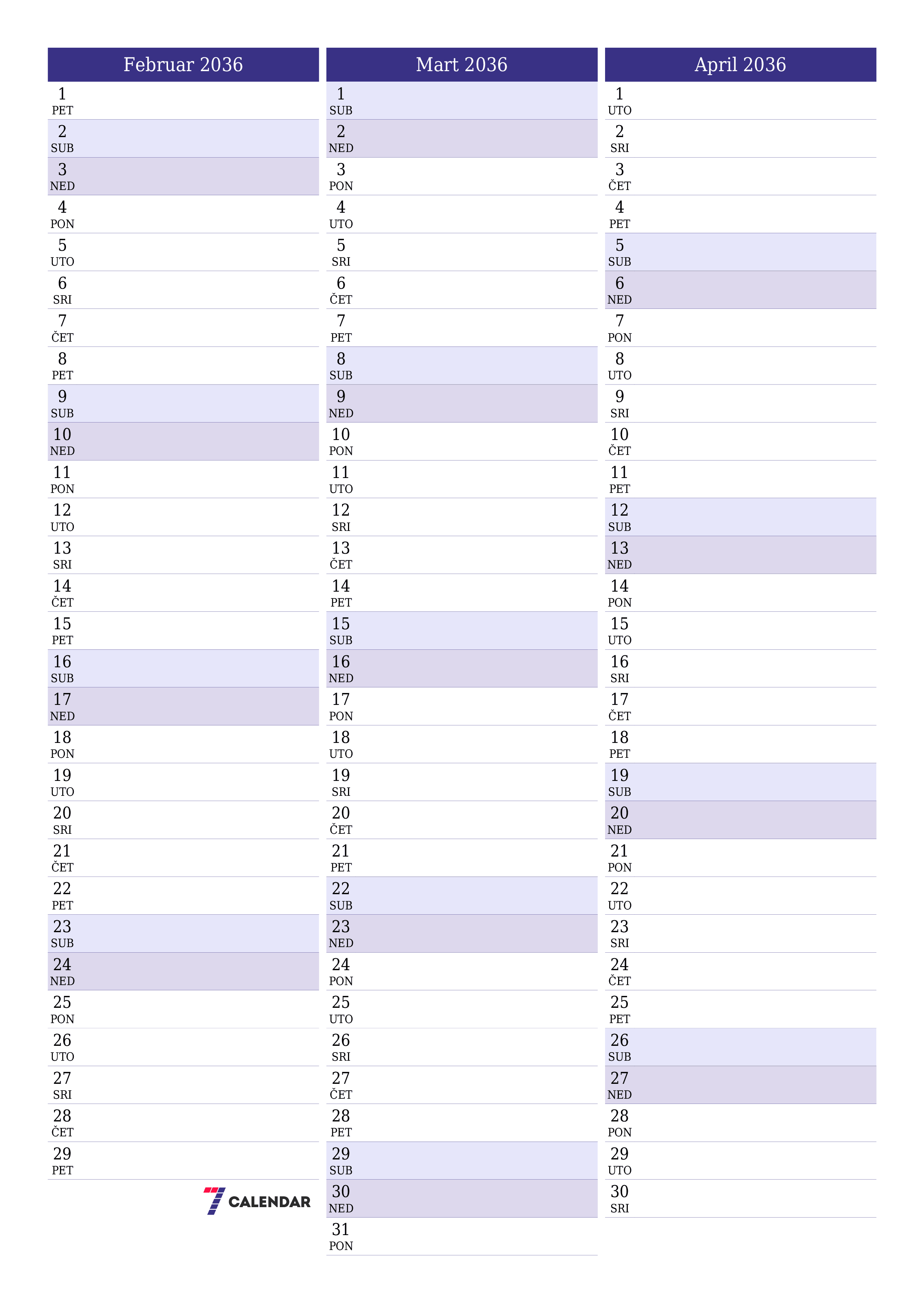  za štampanje zidni šablon a besplatni vertikalno Mjesečno planer kalendar Februar (Feb) 2036