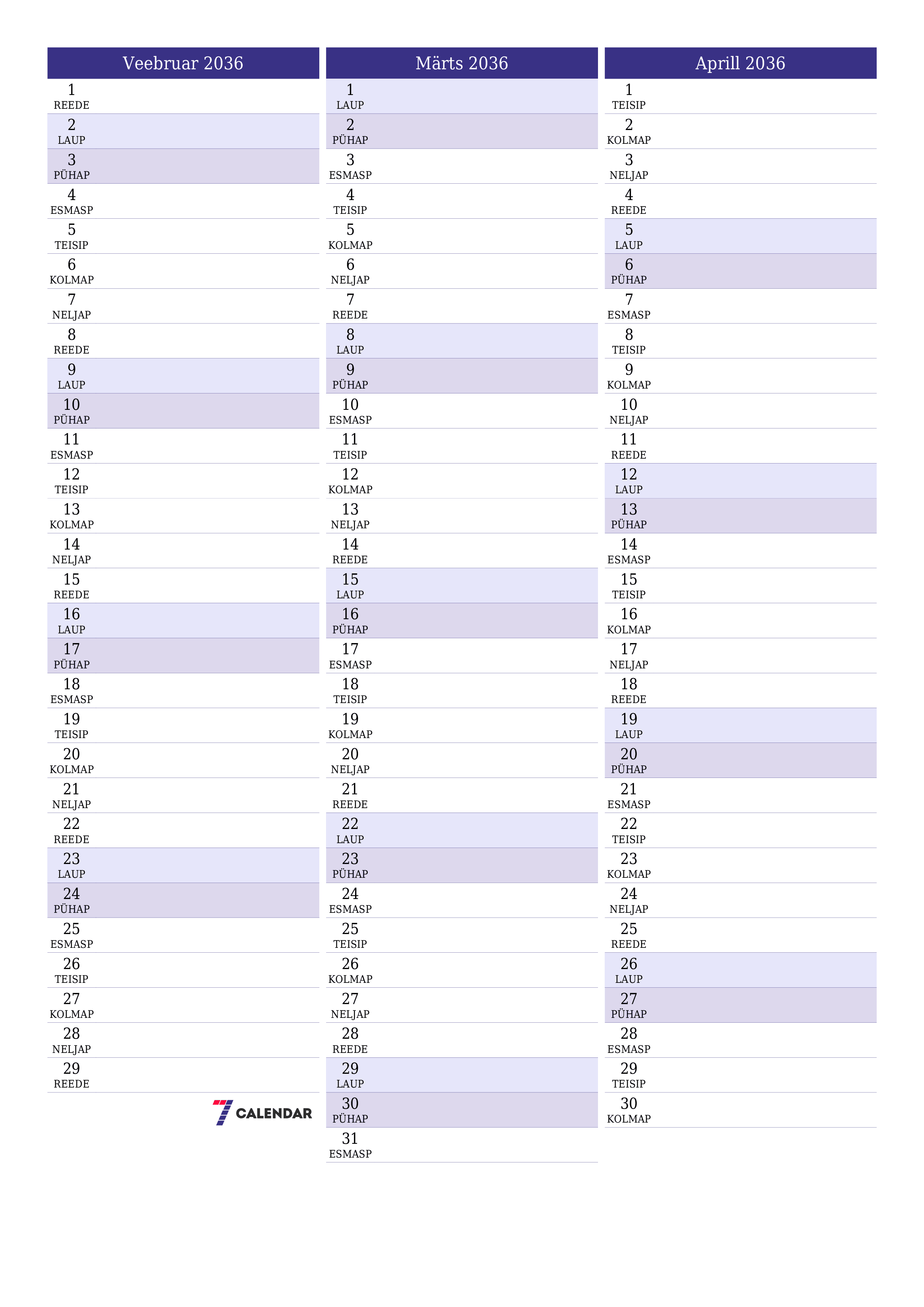 prinditav seina kalendri mall tasuta vertikaalne Igakuine planeerija kalender Veebruar (Veebr) 2036