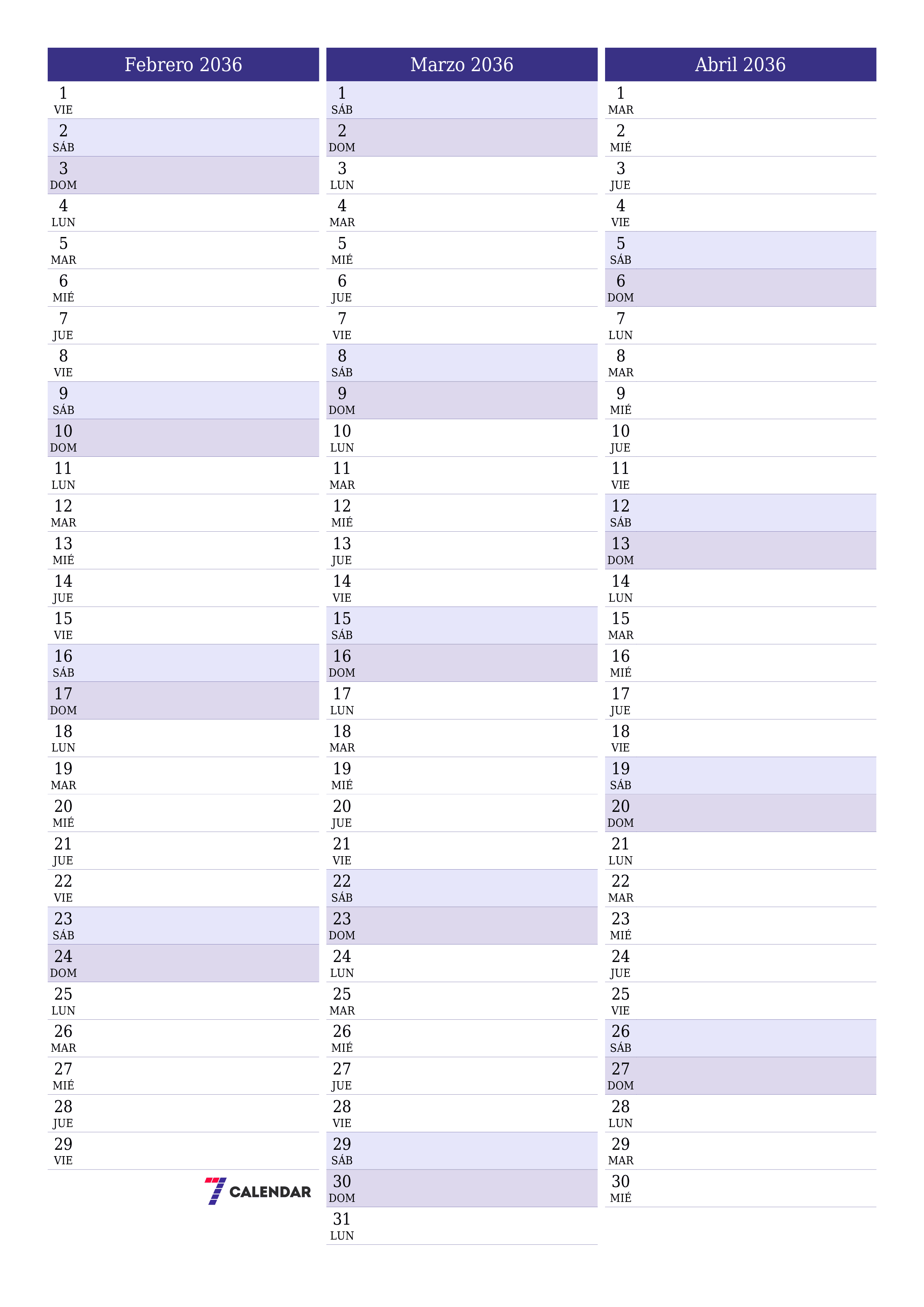  imprimible de pared plantilla de gratisvertical Mensual planificador calendario Febrero (Feb) 2036