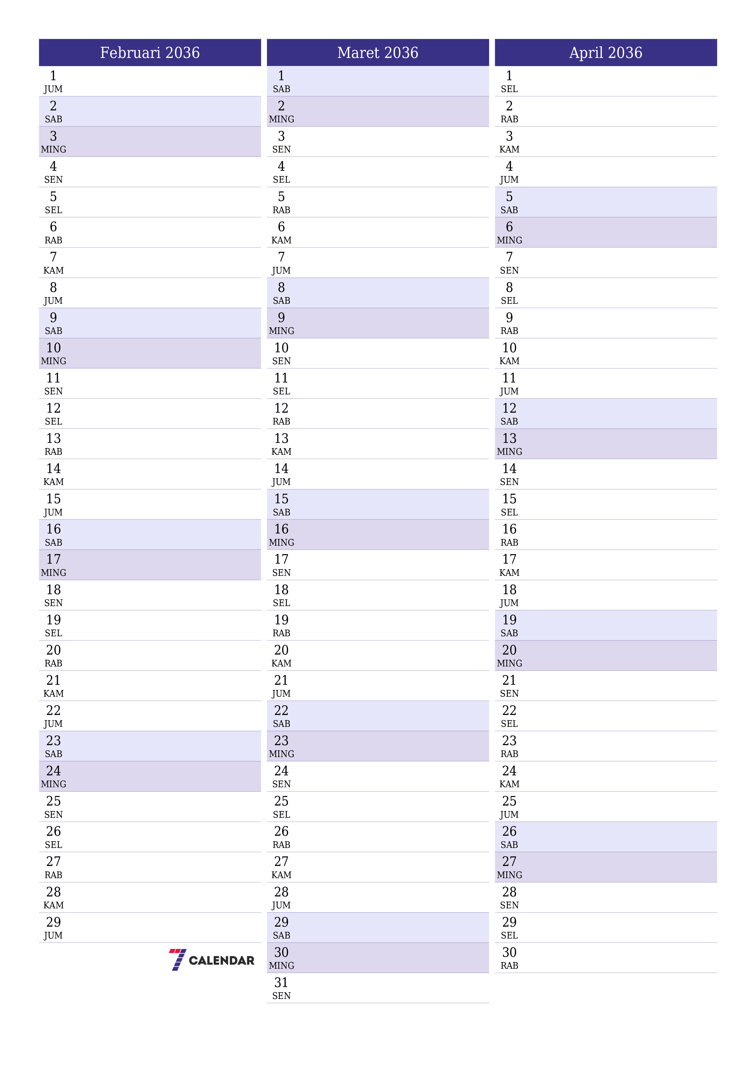  yang dapat dicetak dinding templat gratisvertikal Bulanan perencana kalender Februari (Feb) 2036