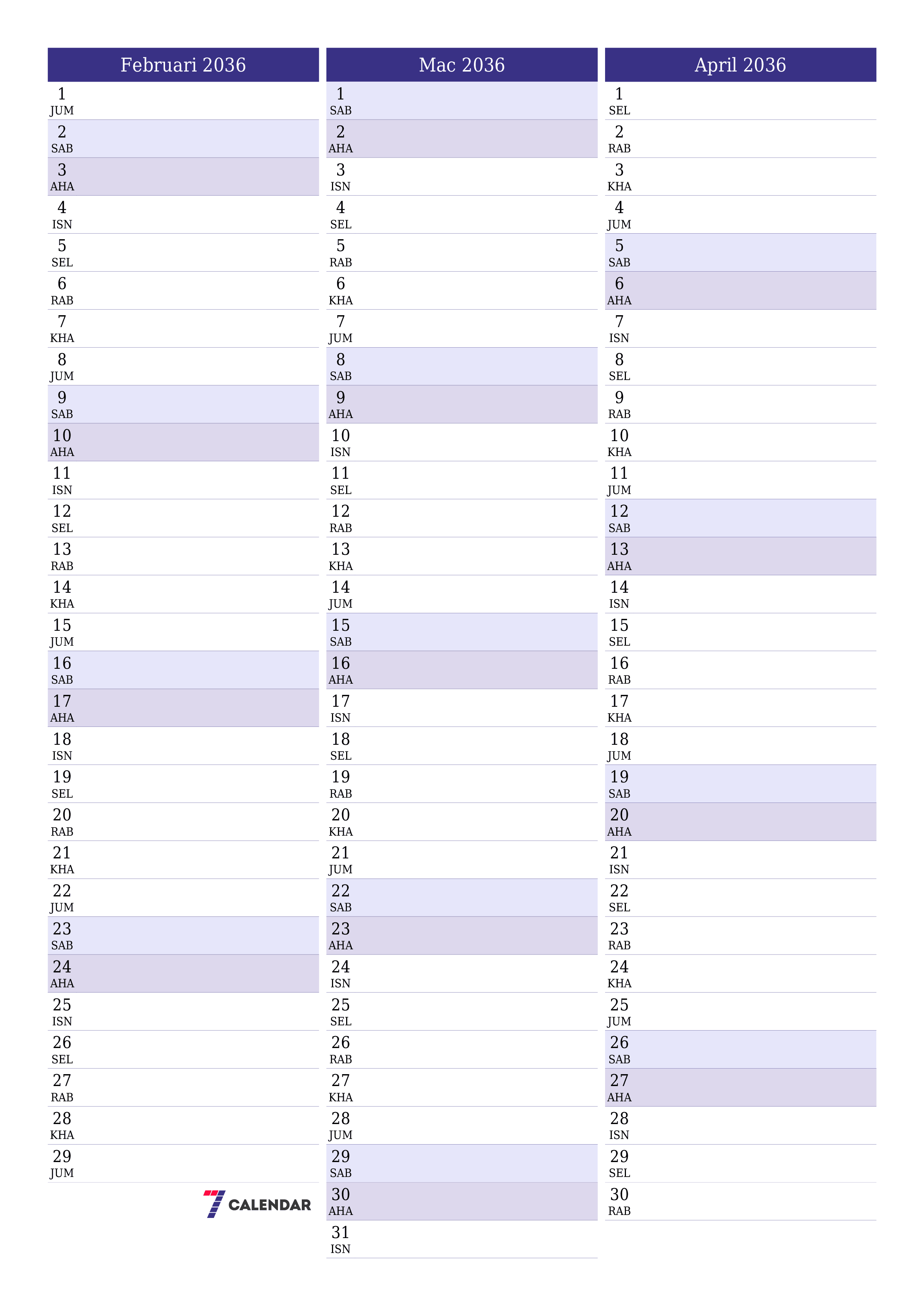  boleh cetak dinding templat percumamenegak Bulanan perancang kalendar Februari (Feb) 2036