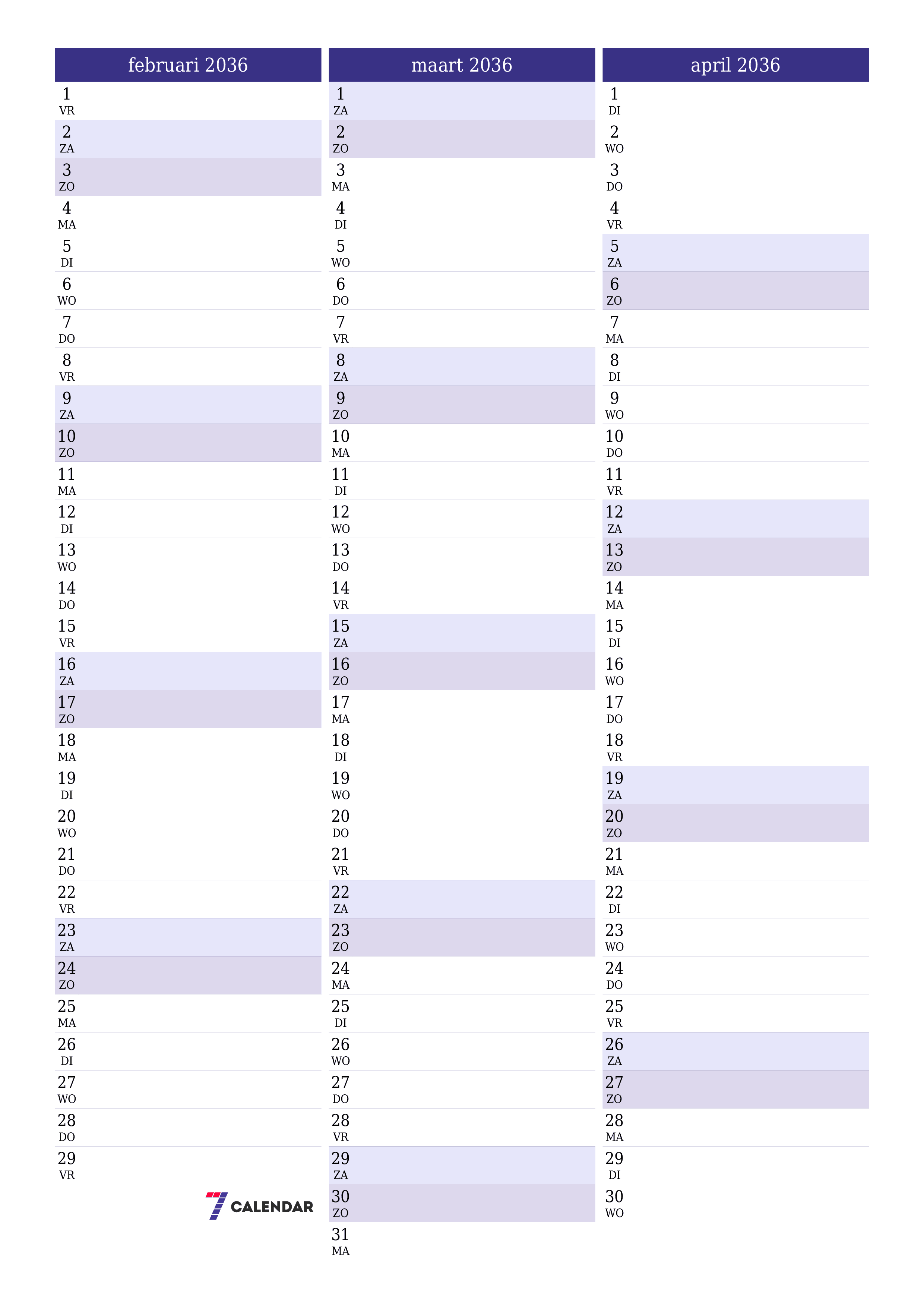 afdrukbare muur sjabloon gratis verticaal Maandelijks planner kalender februari (feb) 2036