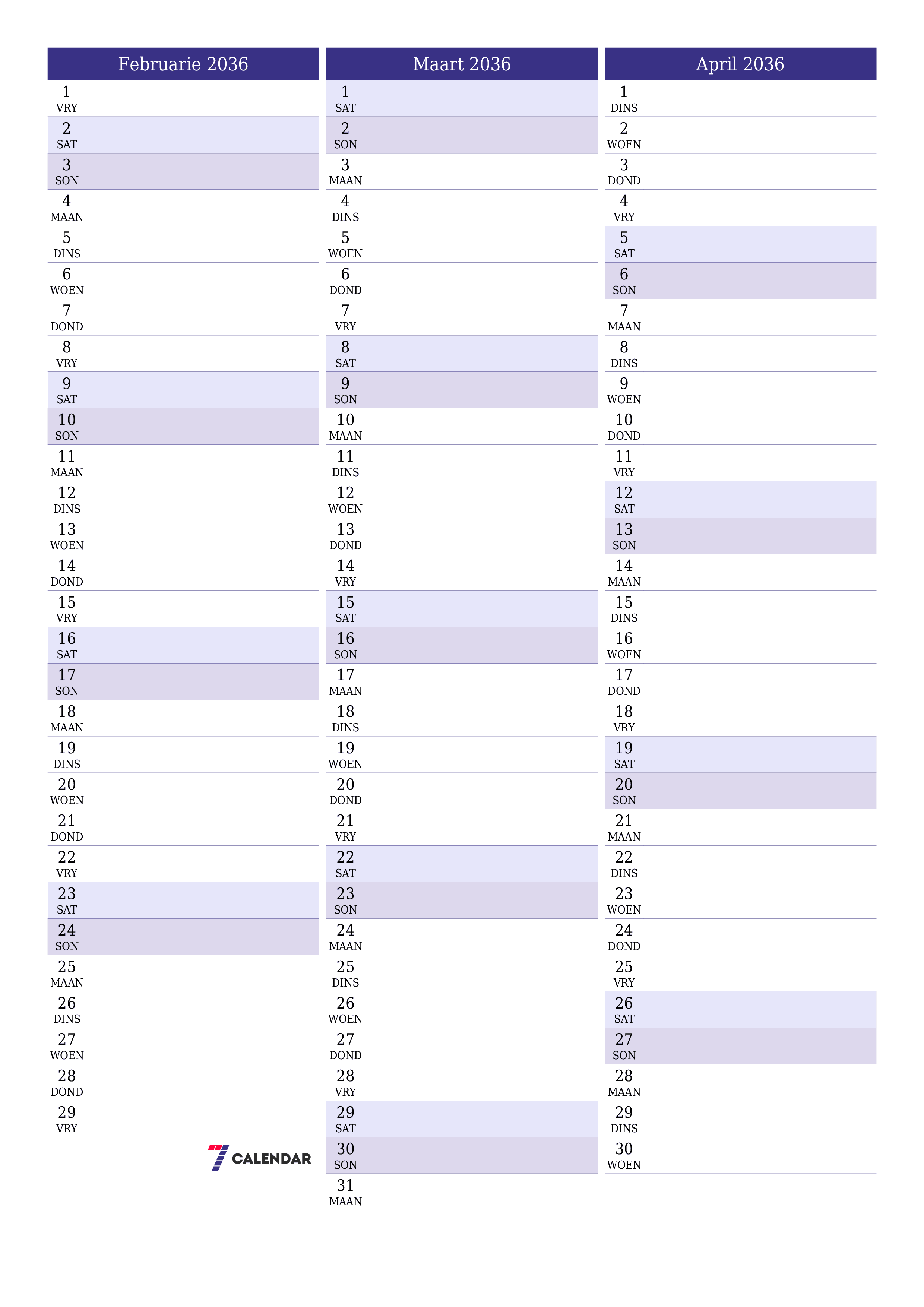 drukbare muur template gratis vertikaal Maandeliks beplanner kalender Februarie (Feb) 2036