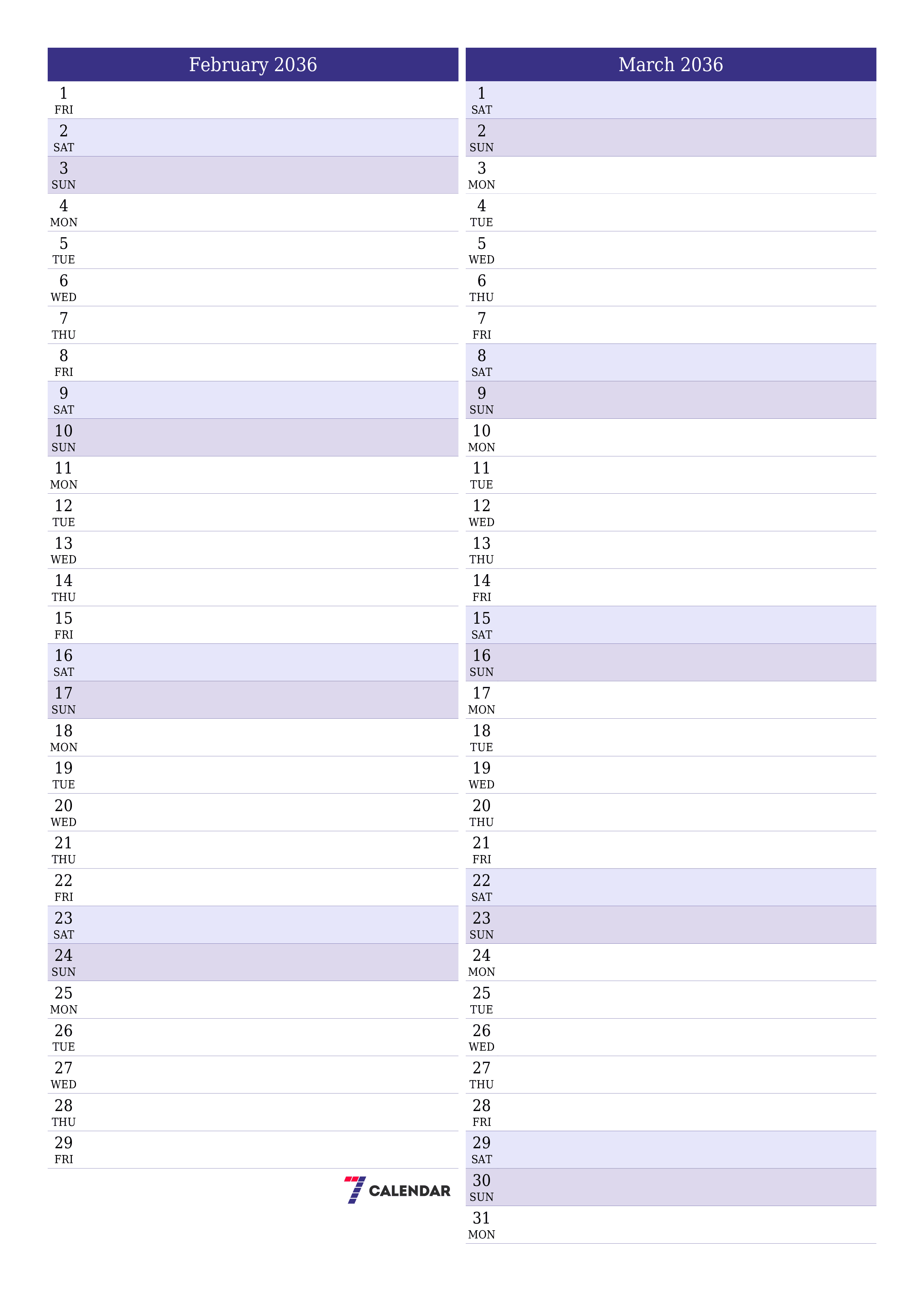 printable wall template free vertical Monthly planner calendar February (Feb) 2036