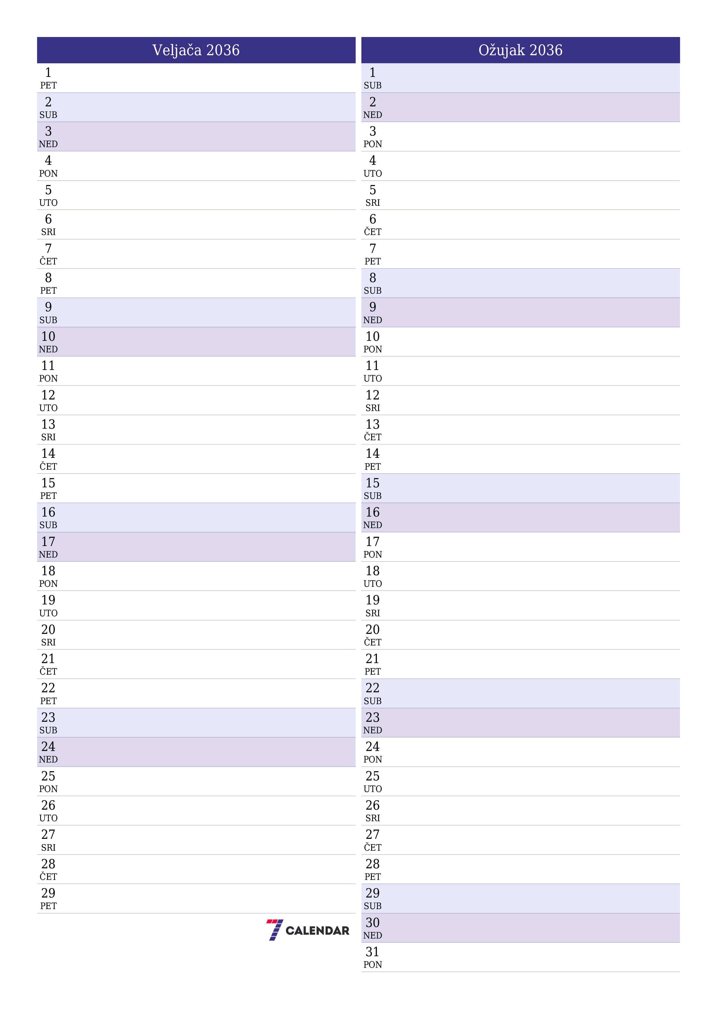  za ispis zidni predložak a besplatni okomito Mjesečni planer kalendar Veljača (Vel) 2036