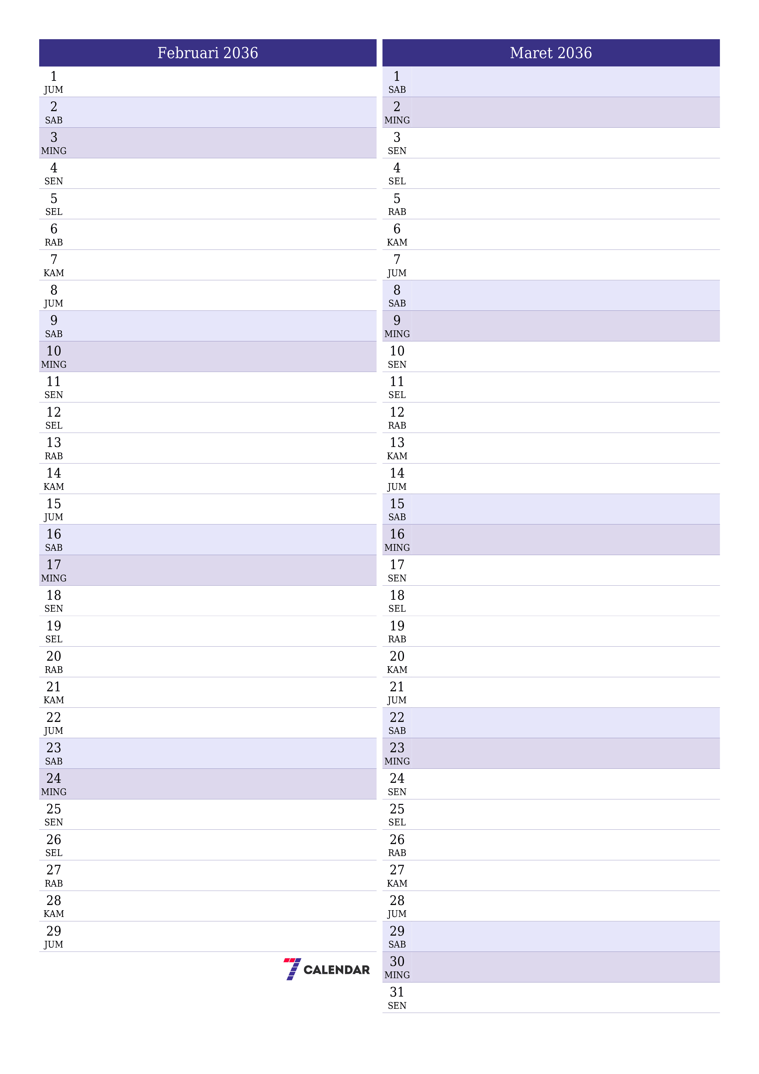  yang dapat dicetak dinding templat gratisvertikal Bulanan perencana kalender Februari (Feb) 2036