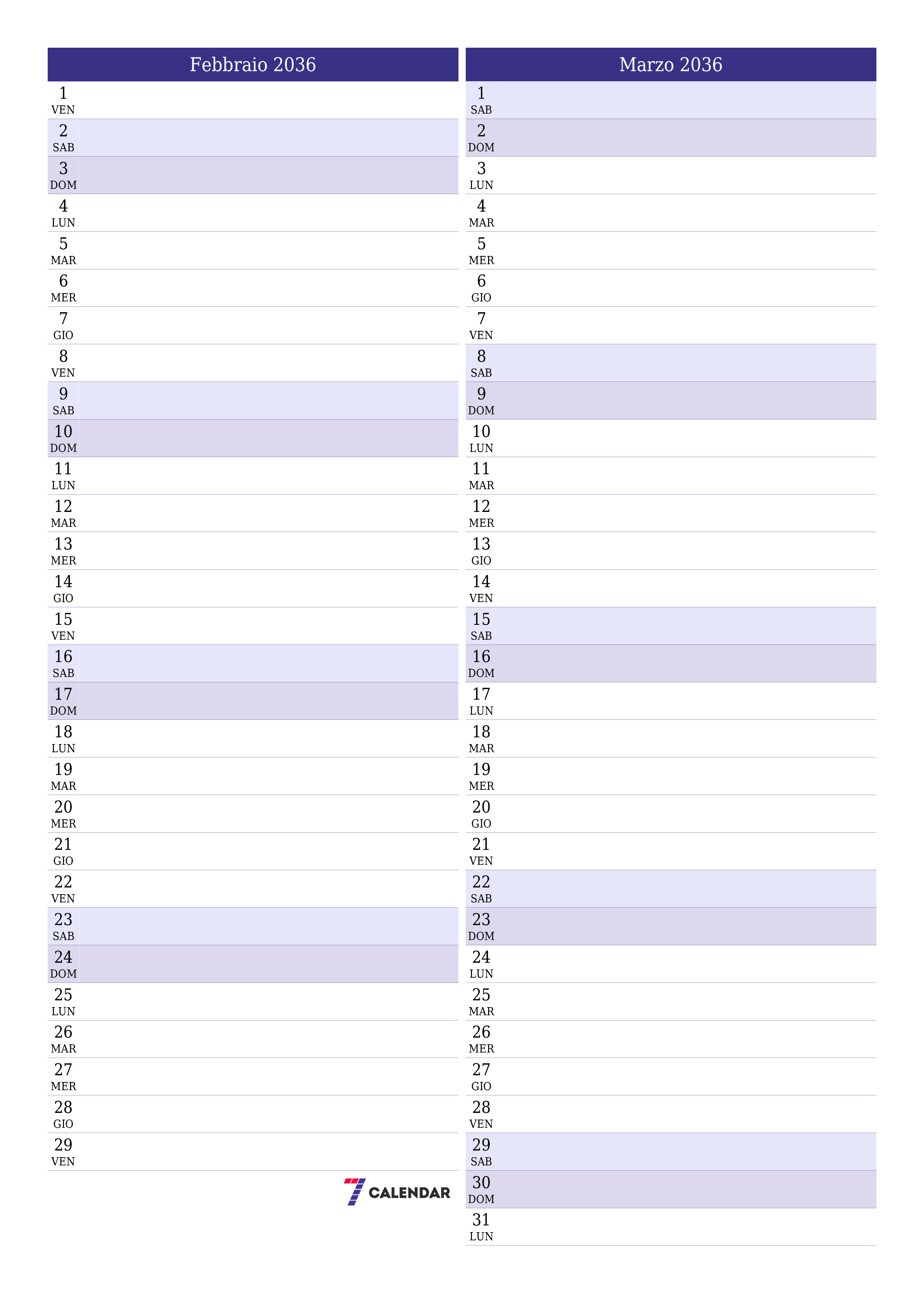  stampabile da parete modello di gratuitoverticale Mensile pianificatore calendario Febbraio (Feb) 2036
