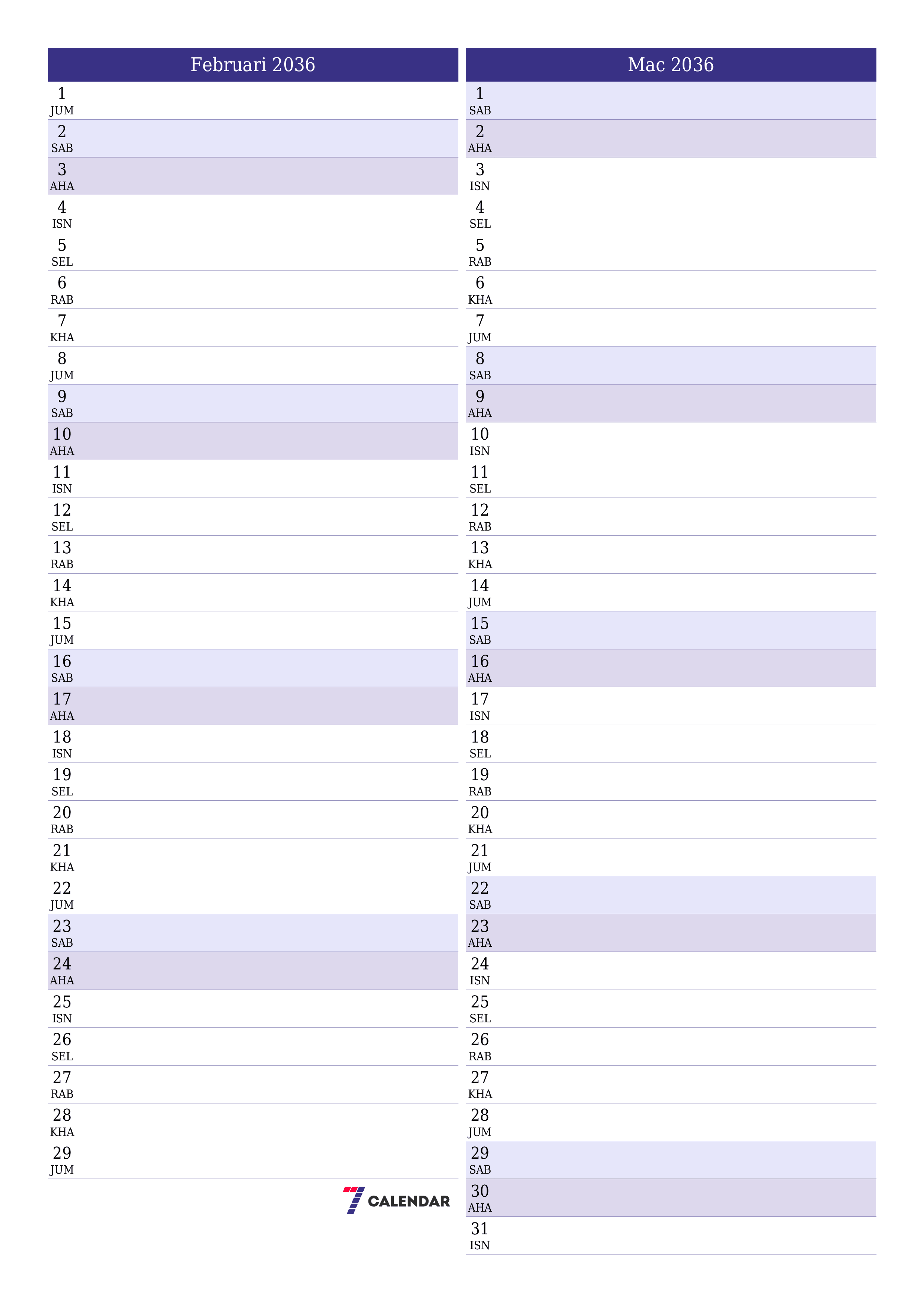  boleh cetak dinding templat percumamenegak Bulanan perancang kalendar Februari (Feb) 2036