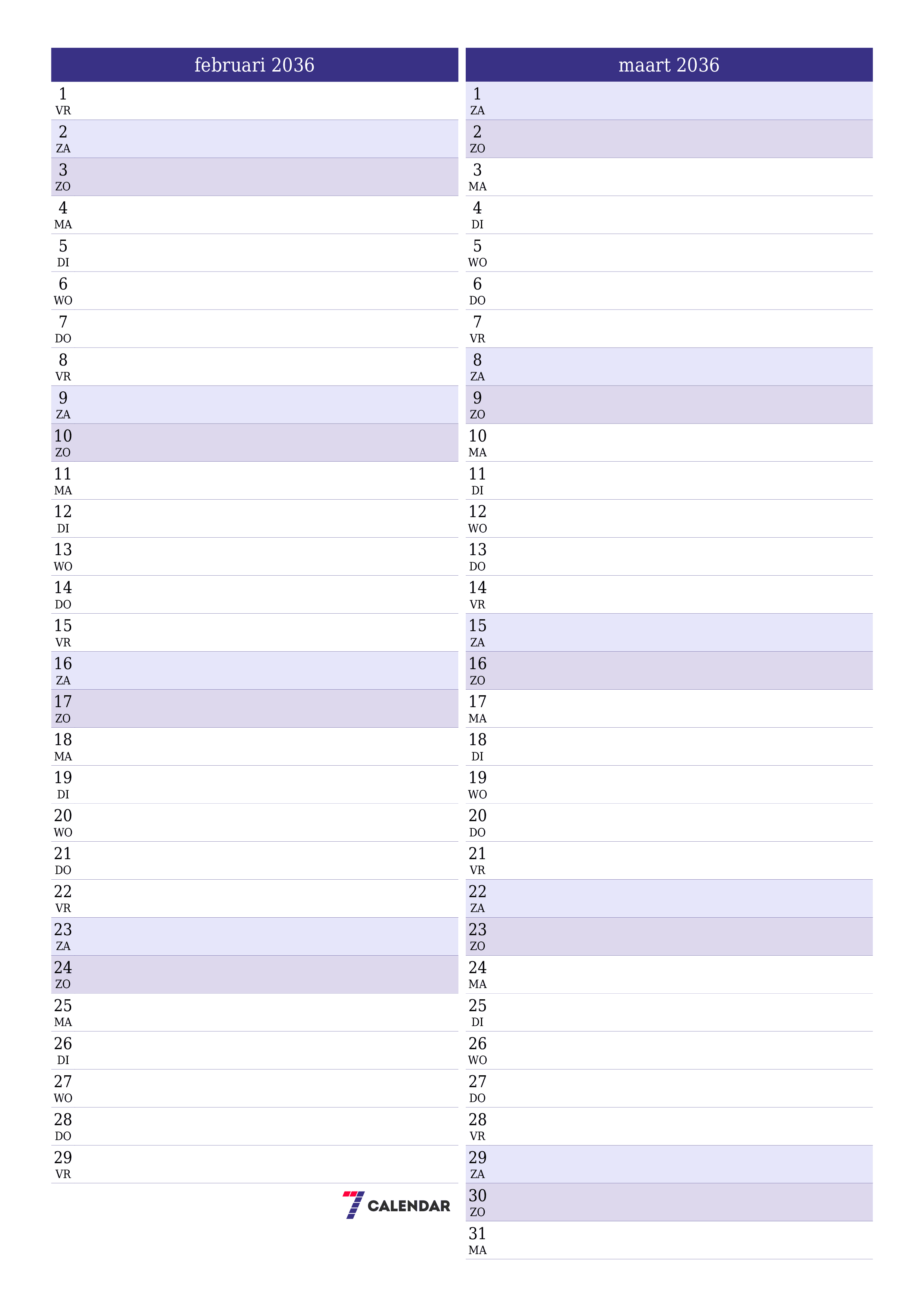 afdrukbare muur sjabloon gratis verticaal Maandelijks planner kalender februari (feb) 2036