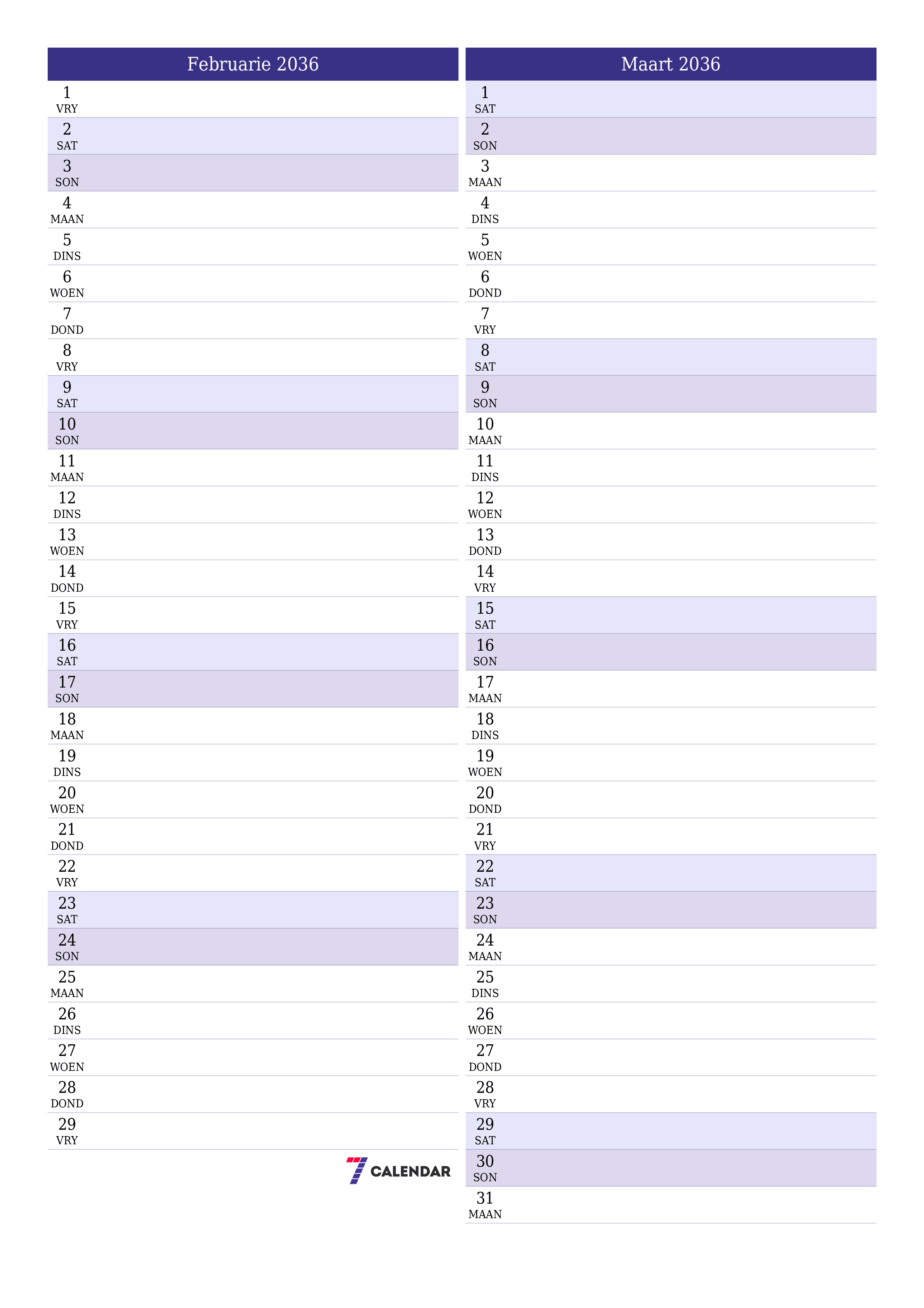 drukbare muur template gratis vertikaal Maandeliks beplanner kalender Februarie (Feb) 2036