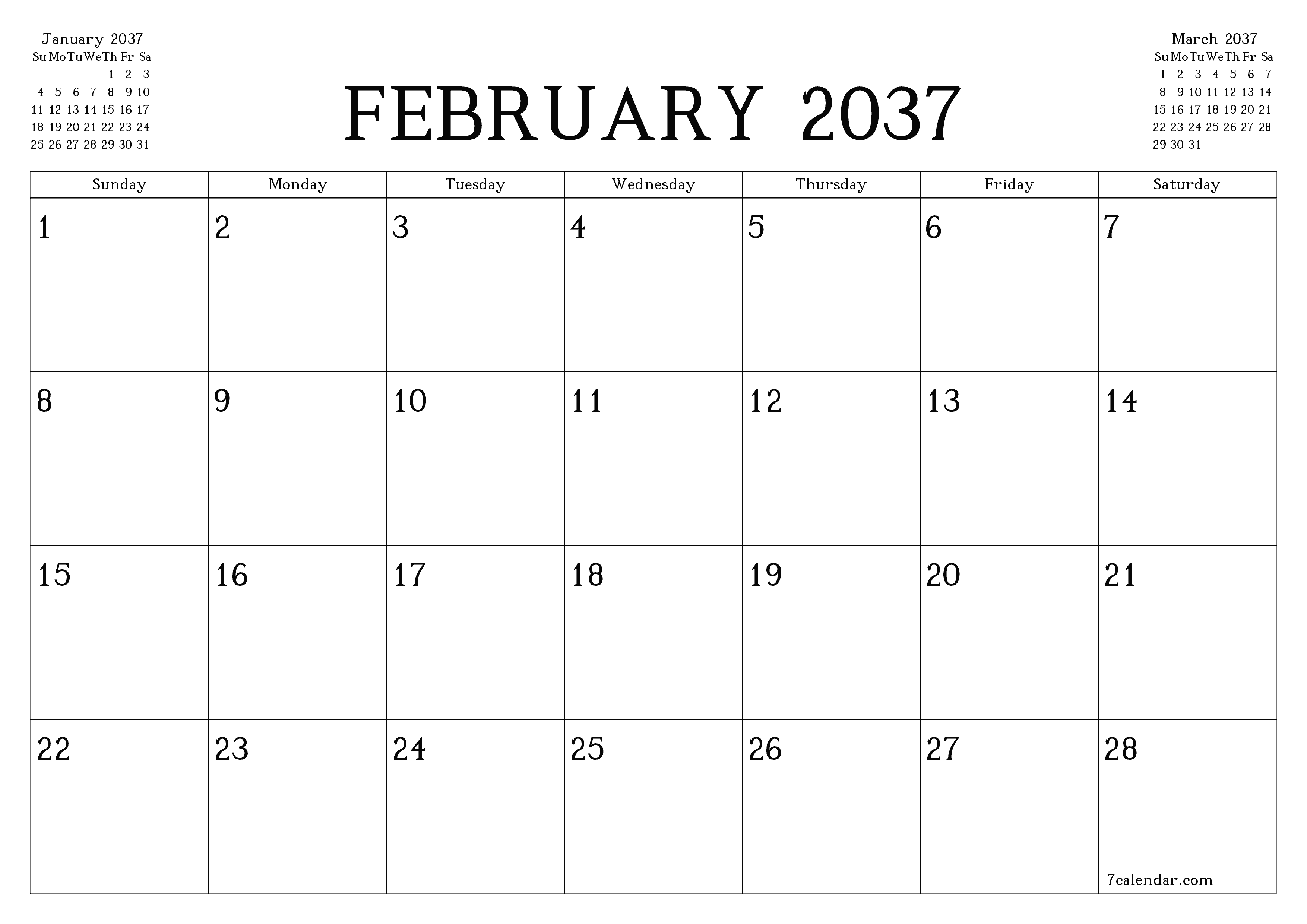 Blank calendar February 2037