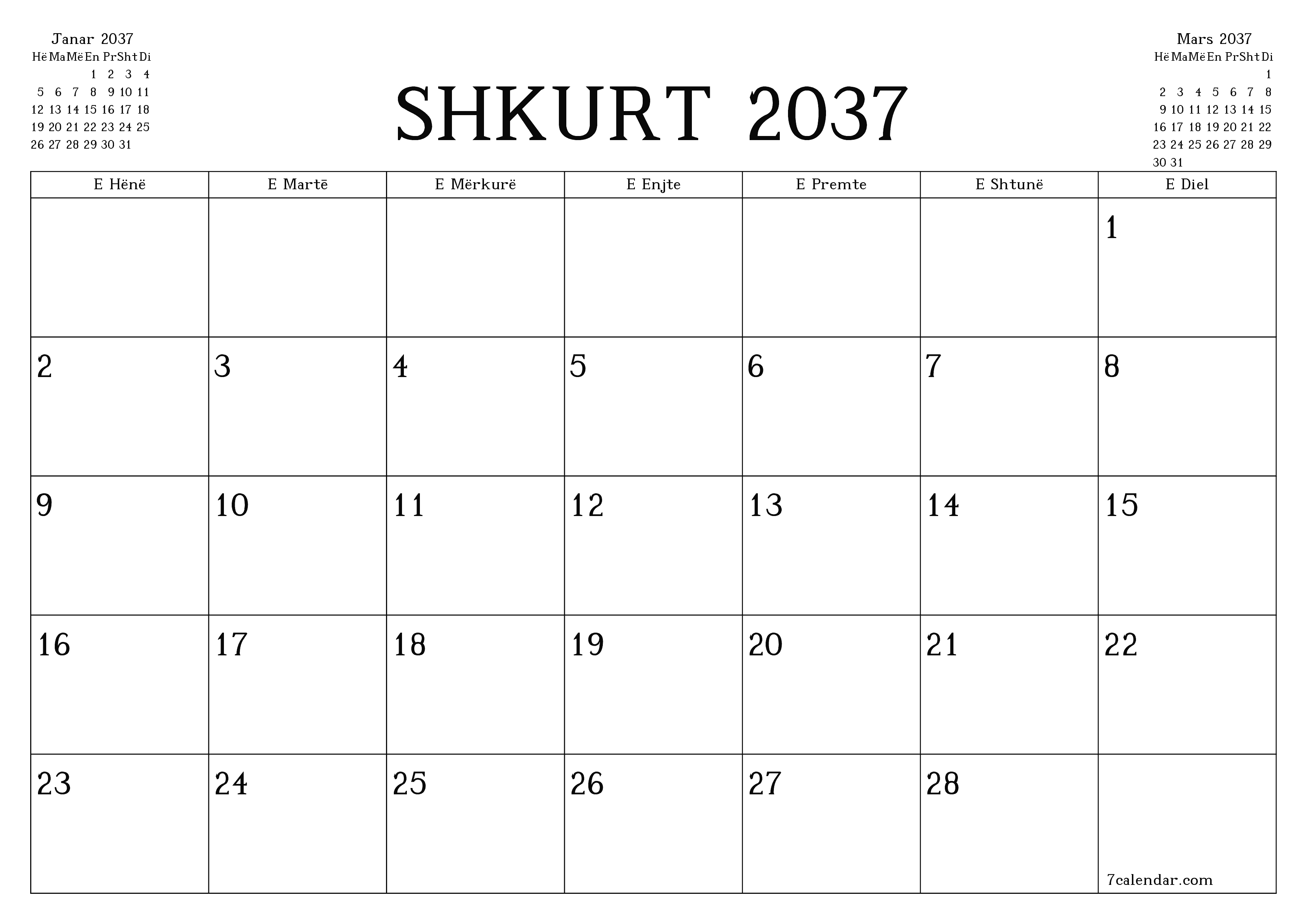 Planifikuesi i zbrazët i kalendarit mujor për muajin Shkurt 2037 me shënime të ruajtura dhe të printuara në PDF PNG Albanian